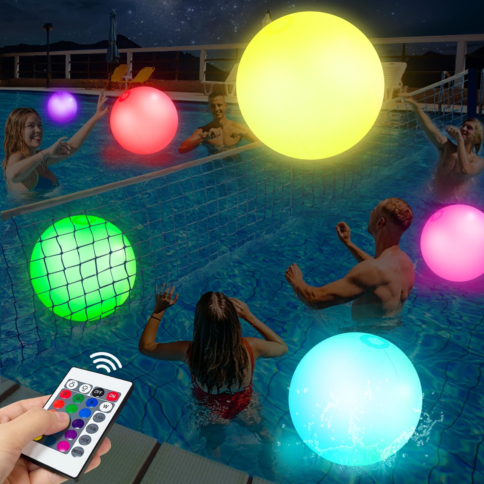 AMENON 4 Pack LED Beach Balls - 16 Inch Inflatable Light Up Pool Toys with Remote Control, 16 Color Changing Lights & 4 Modes - Glow in The Dark Water Toys for Adults & Kids - Perfect for Night Swimming, Pool Parties & Beach Decorations