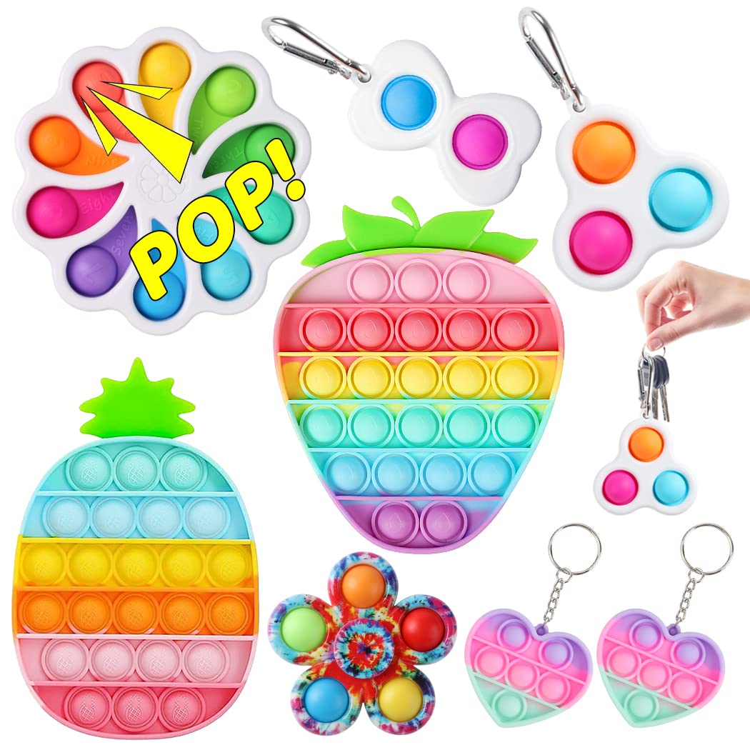 Pop It Fidget Toy Set - 3 Pack with Strawberry, Pineapple & Flower Shapes | Stress Relief Sensory Toys for Kids & Adults | Autism Anxiety Relief | Perfect for Classroom Rewards, Office Desk & Travel Stress Relief