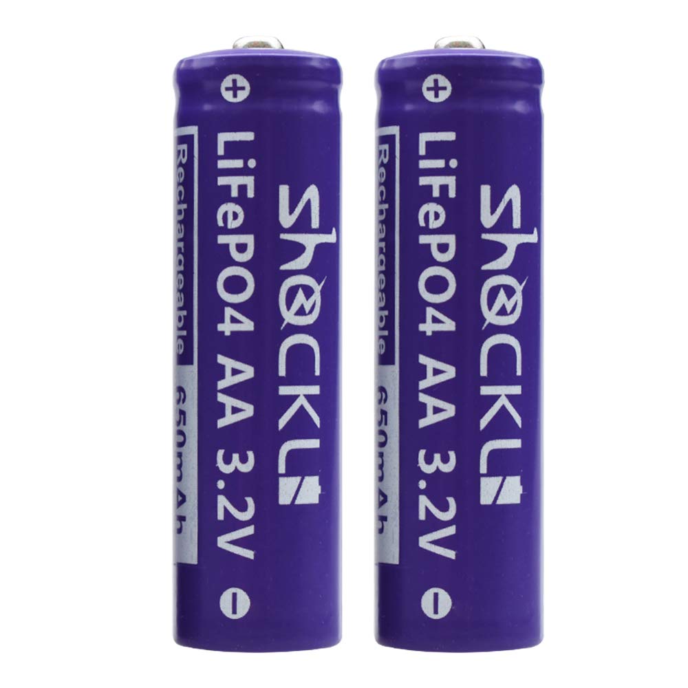 (2-Pack) Shockli AA 3.2V LiFePO4 650mAh Rechargeable Batteries - Lithium Iron Phosphate Solar Batteries for Solar Garden Lights, Outdoor Lighting & Solar Powered Devices