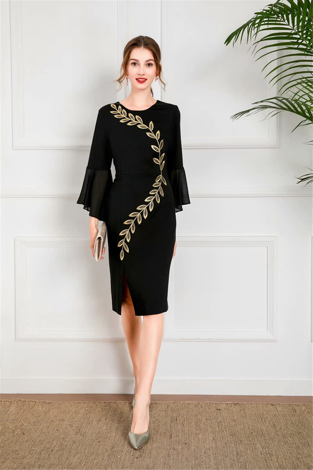 Elegant Office Ladies Dress with Flare Sleeves - Luxury Beaded Embroidery Midi Dress in Black & Red | Perfect for Work, Cocktail Parties & Special Occasions