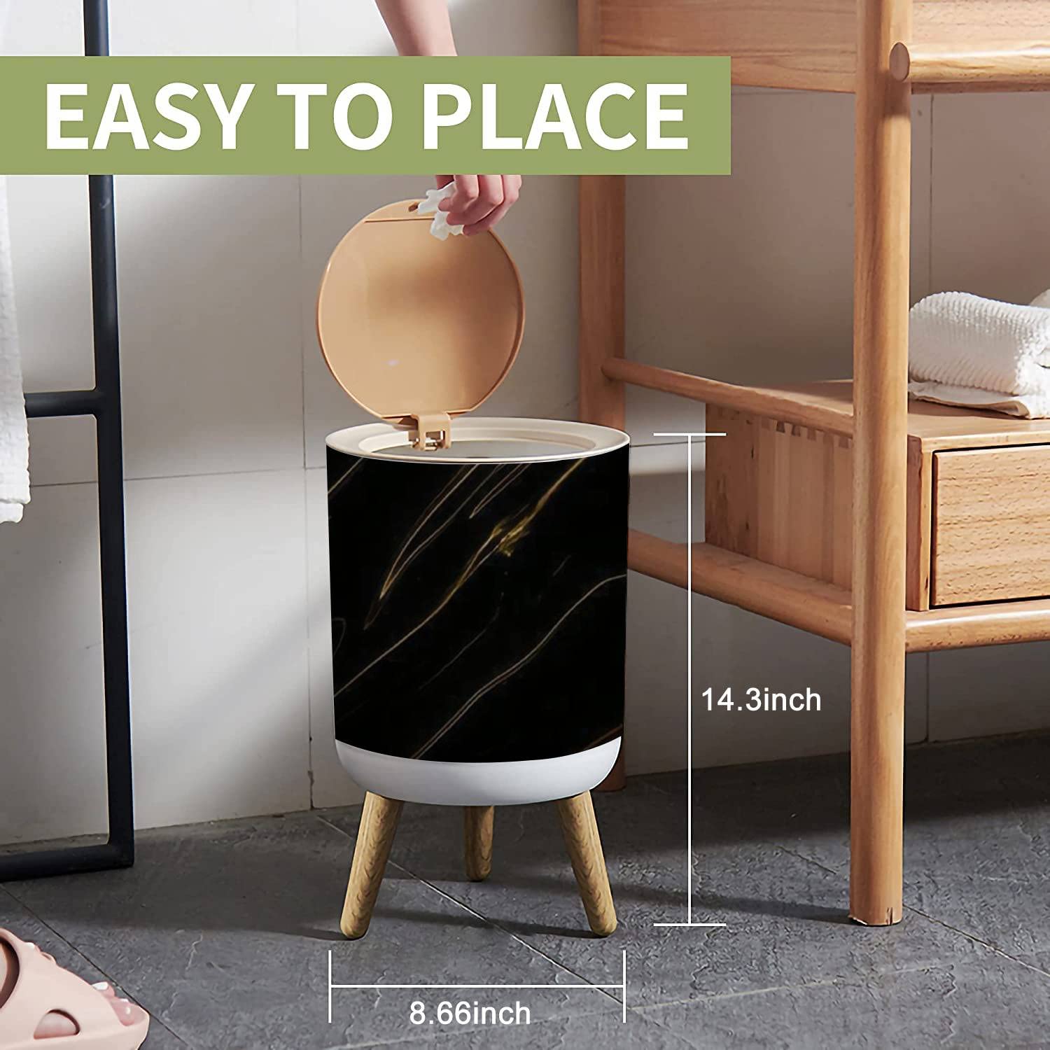Marble Texture Small Trash Can with Lid - 7L/1.8 Gallon Round Waste Bin with Wood Legs & Press Cover - Black Gold Ink Granite Abstract Design for Kitchen, Bathroom, Office | Perfect for Home Decor & Waste Disposal