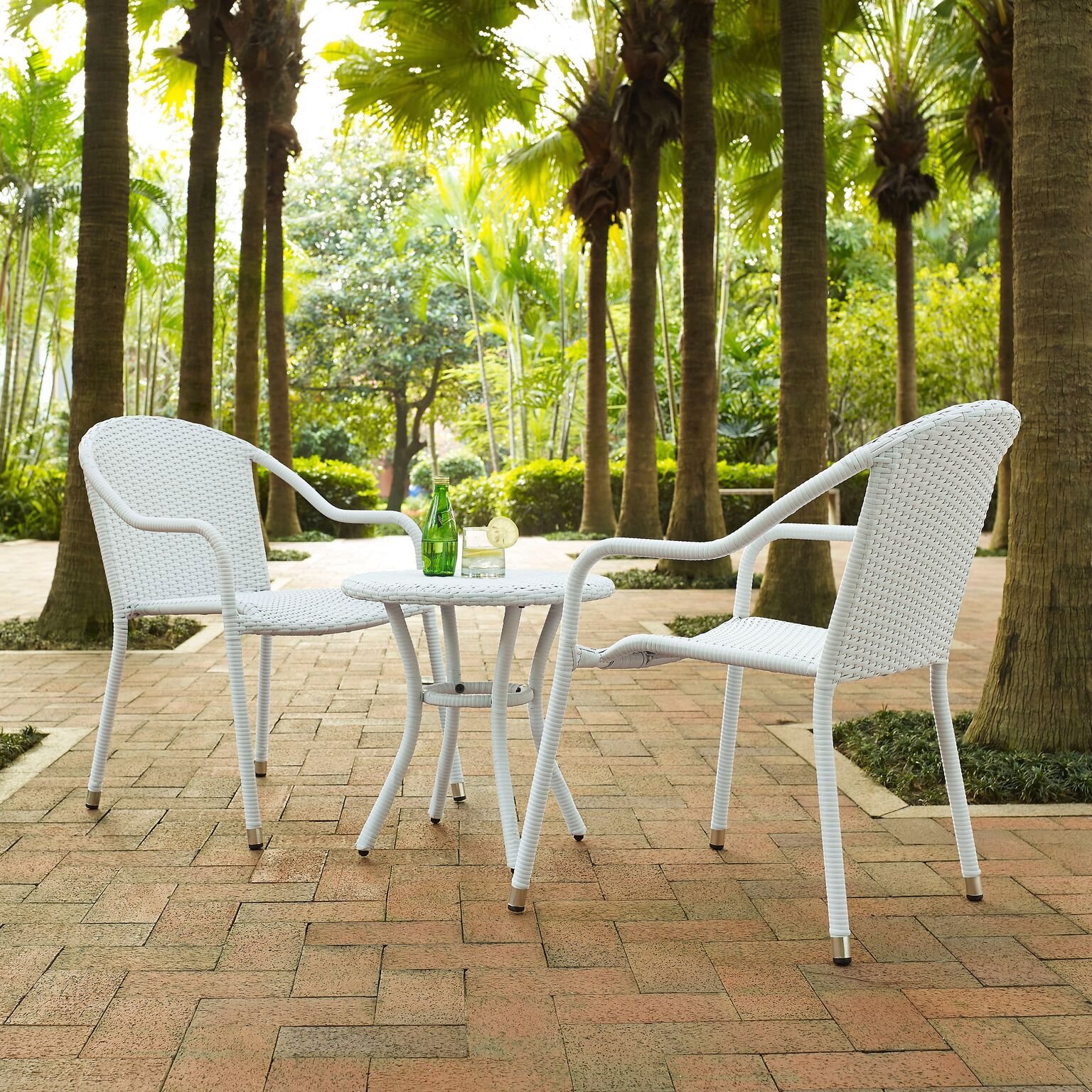 Crosley Furniture Palm Harbor 3-Piece Wicker Patio Set - White Wicker Side Table & 2 Stackable Chairs for Outdoor Conversation & Relaxation | Perfect for Garden, Poolside & Backyard Lounging