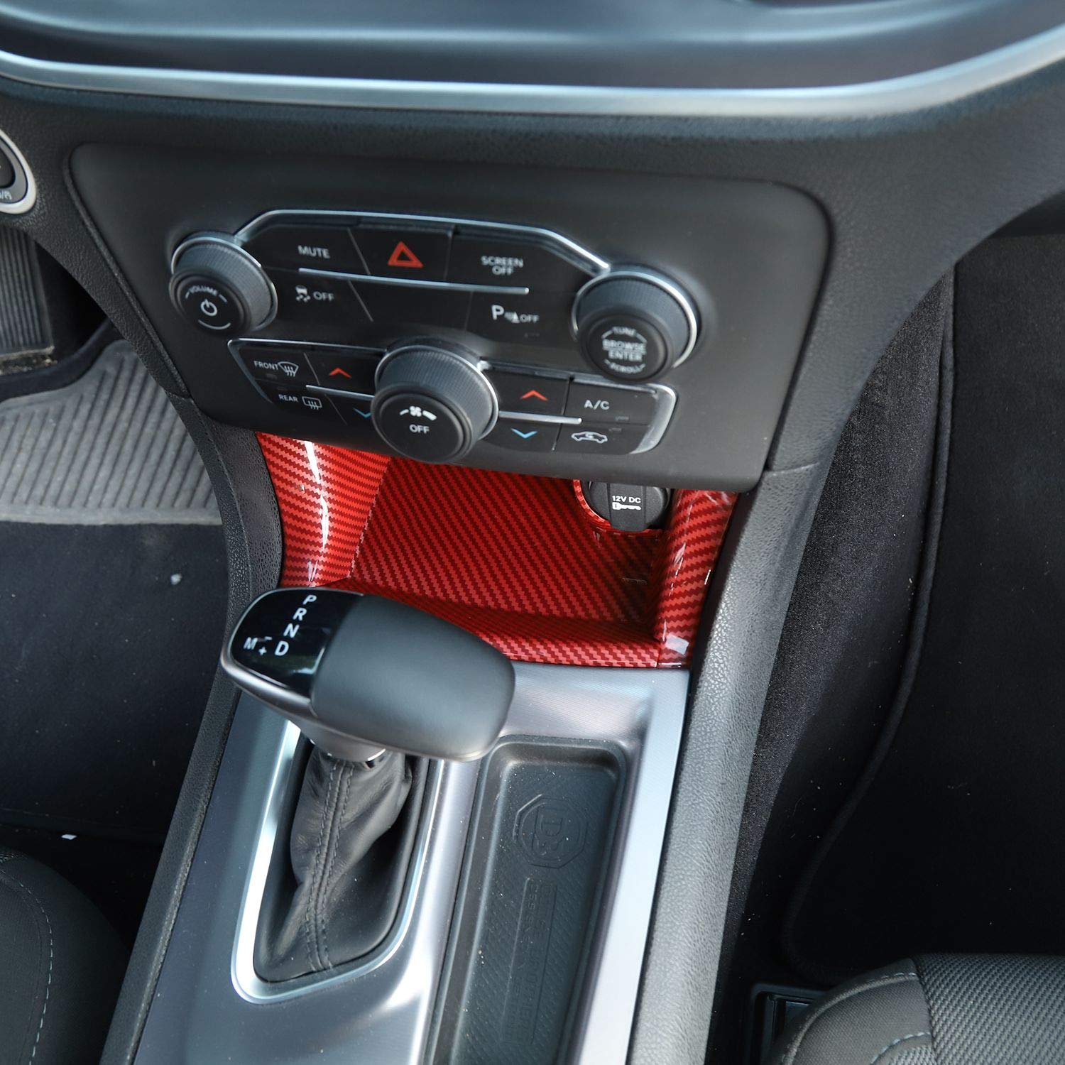 Premium ABS Red/Black Fiber Shift Shifter Storage Compartment Bin Trim Panel - Interior Accessories for 2011-2025 Dodge Charger - Perfect for Organizing Gear & Enhancing Center Console Style