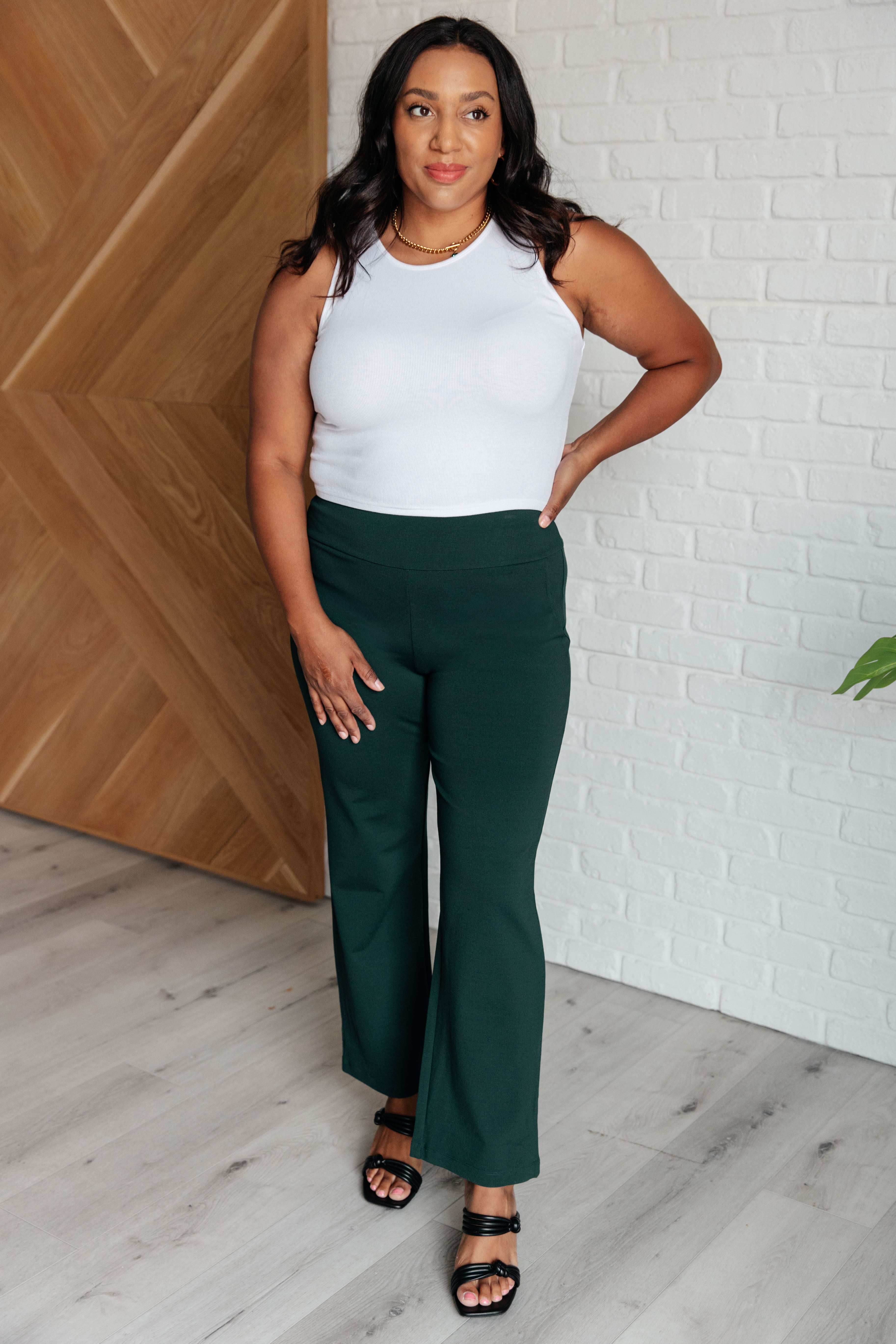 Magic Straight Leg Pants for Women - Stretchy Comfortable Hunter Green Trousers for Work, Office & Casual Wear