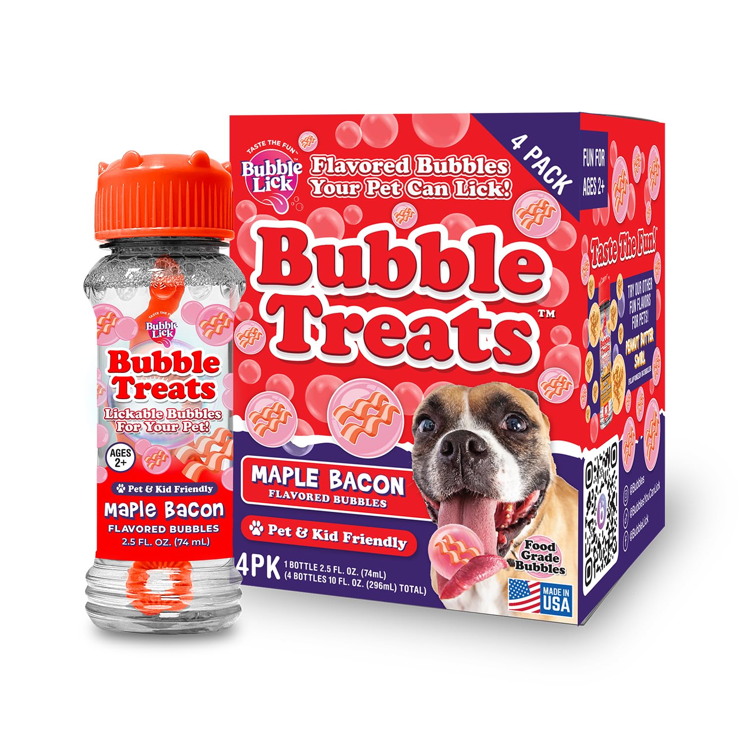 Bubble Treats Maple Bacon Pet Bubbles - 4 Pack (2.5 Fl Oz Each) | Natural Bacon Flavored Lickable Bubbles for Dogs & Cats | Safe for Bubble Toys & Blasters | Refillable Bubble Solution for Pet Playtime & Training