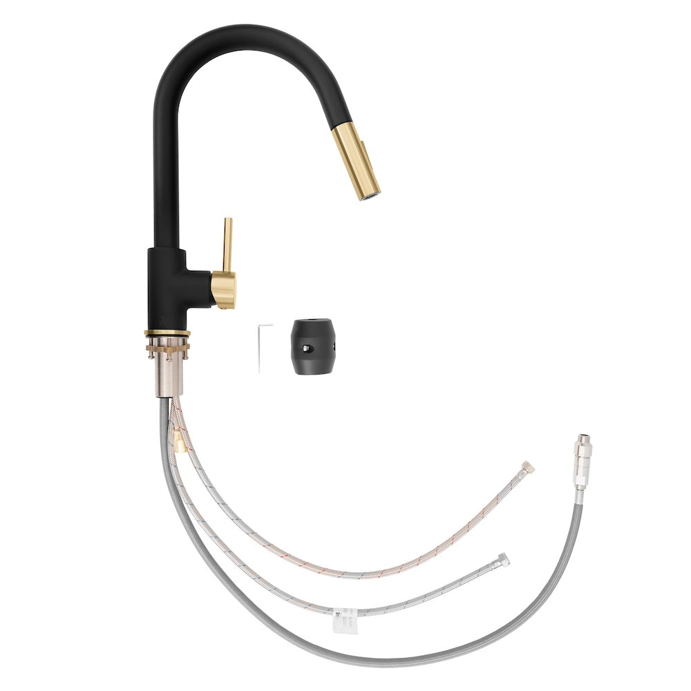 ZLINE Autograph Edition Gemini Pull Down Single Handle Matte Black and Champagne Bronze Kitchen Faucet - Perfect for Modern Farmhouse & Industrial Style Kitchens (GEM KF ZMBCB)