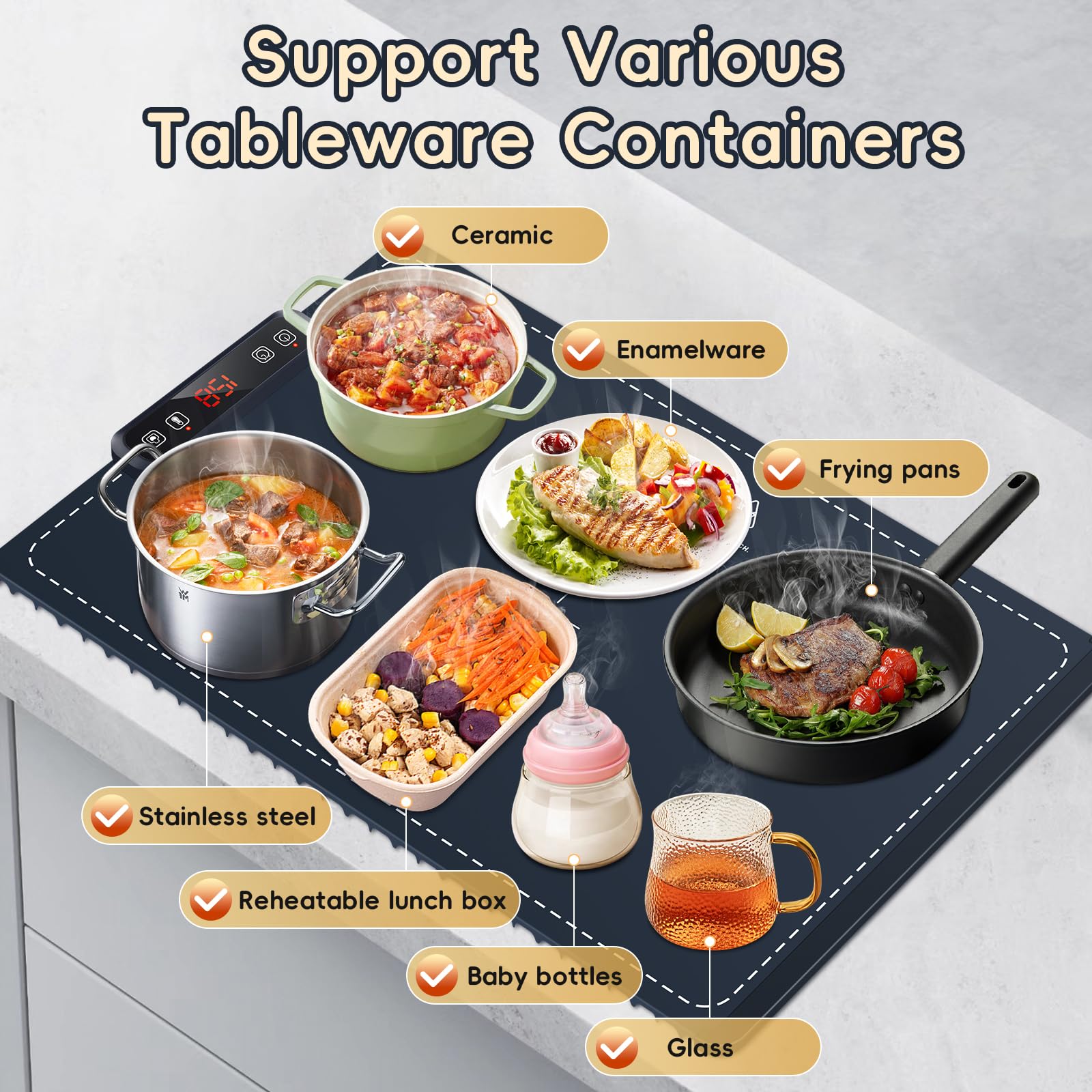 6-Temperature Adjustable Silicone Electric Food Warming Mat with Timer & Safety Lock - Full Surface Heating Buffet Warmer with Auto Shut-Off for Parties, Catering & Home Entertaining