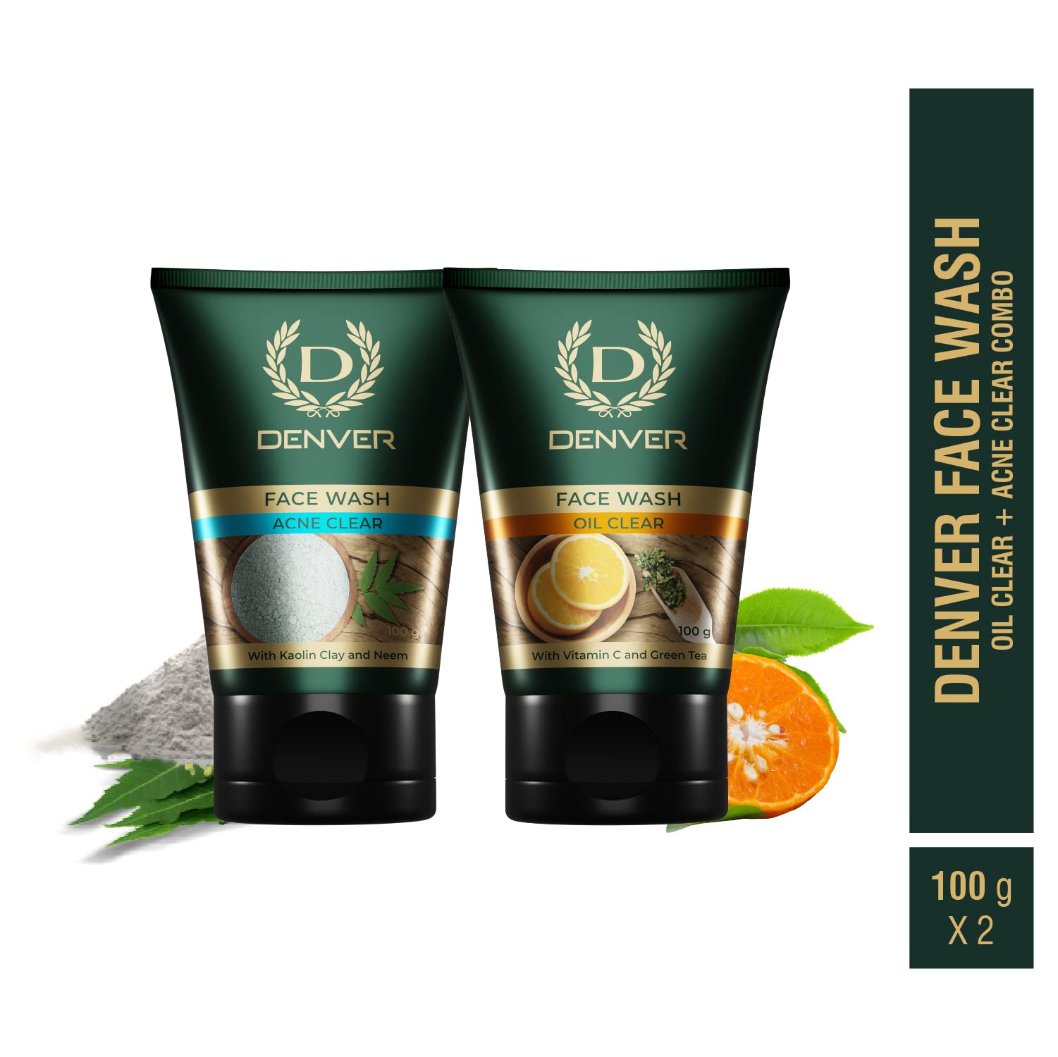 DENVER Oil Clear + Acne Control Face Wash (Pack of 2) - 100GM Each | Oil-Free Cleansing Gel for Men to Remove Acne, Lighten Dark Spots & Prevent Breakouts | Perfect for Daily Skincare Routine & Travel