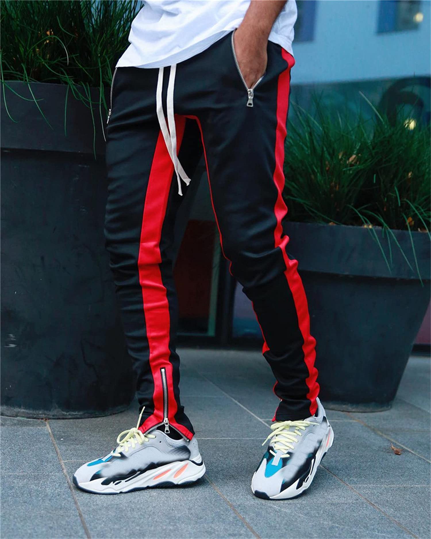 Men's Skinny Fit Side Stripe Jogger Pants - Elastic Waist with Drawstring, Zipper Pockets & Tapered Cuffs - Comfortable Casual Sweatpants for Running, Gym & Lounge (Black, Medium)
