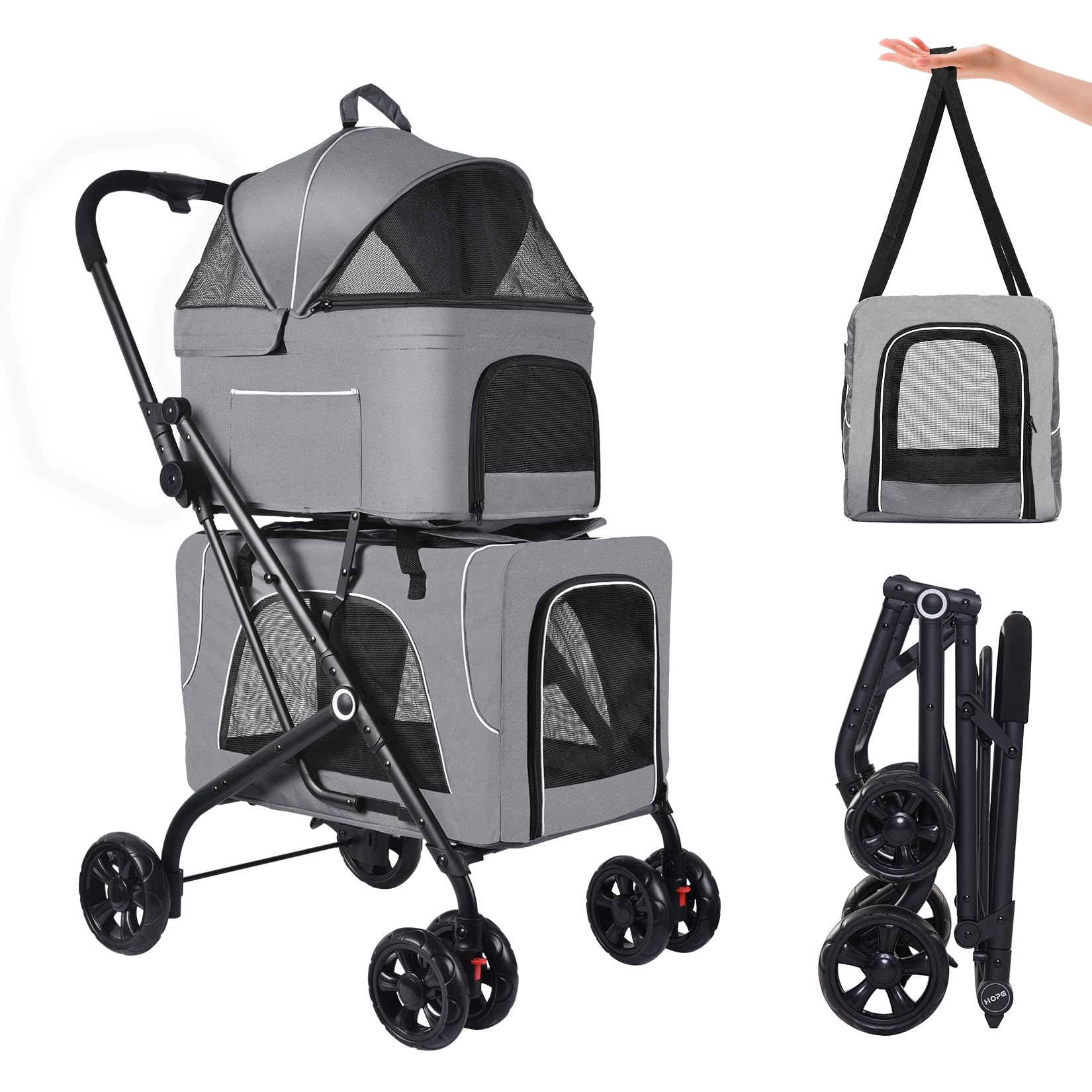 Double Pet Stroller for Small & Medium Dogs & Cats - 2 Detachable Carrier Bags, Foldable Design, Travel-Friendly (Grey & Black) - Perfect for Park Walks, Vet Visits & Outdoor Adventures