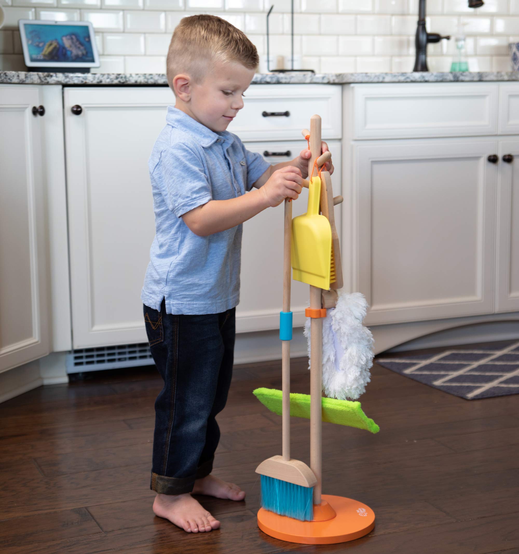 Fat Brain Toys Sweep, Scrub, and Shine Cleaning Set - Wooden Pretend Play Toy for Kids Ages 3+, Toddler Cleaning Toy Set for Role Play & Early Learning - Perfect for Home, Preschool & Montessori Classroom
