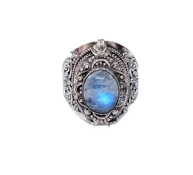 Natural Rainbow Moonstone Ring | Oval Gemstone Jewelry | June Birthstone Ring | Artisan Designed Locket Ring with Blue Flash | Perfect for Gift Giving, Weddings & Boho Fashion