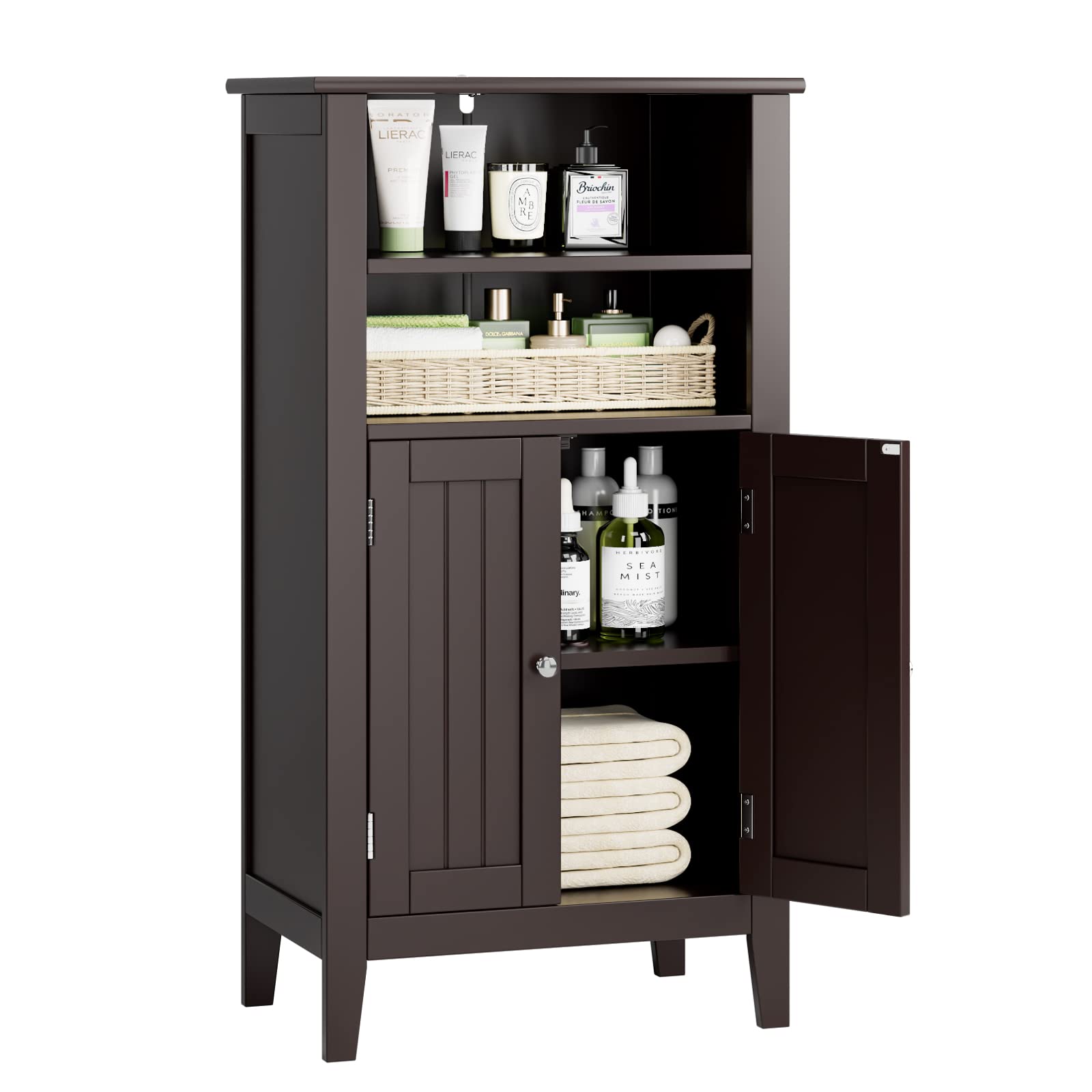 FOTOSOK 2-Door Floor Storage Cabinet with Shelves - Bathroom, Living Room, Bedroom, Kitchen & Office Organizer in Dark Brown | Perfect for Home Organization & Small Space Storage Solutions