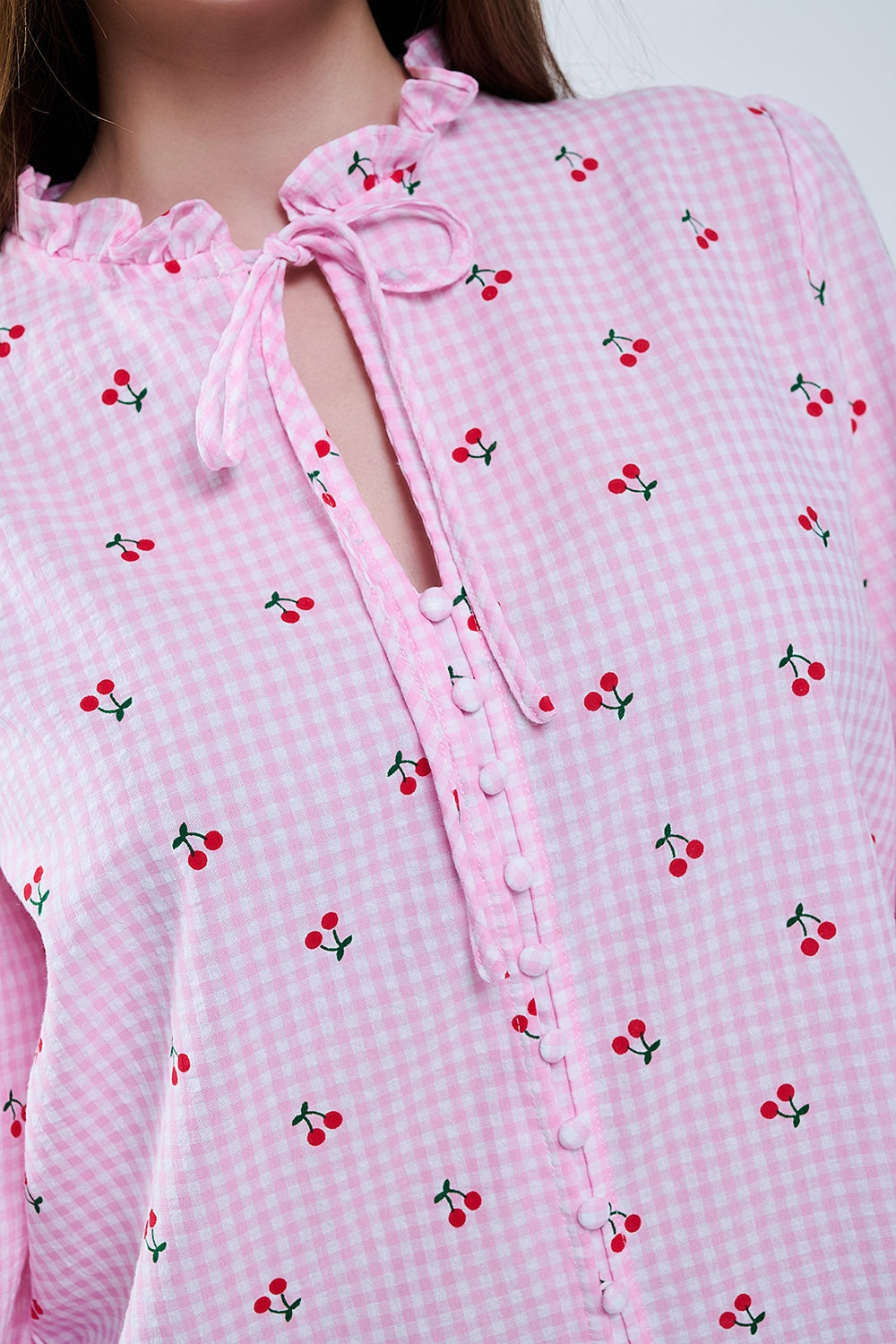 Pink Blouse with Cherry Details and Bow Tie - Elegant Women's Fashion for Work, Dates & Special Occasions