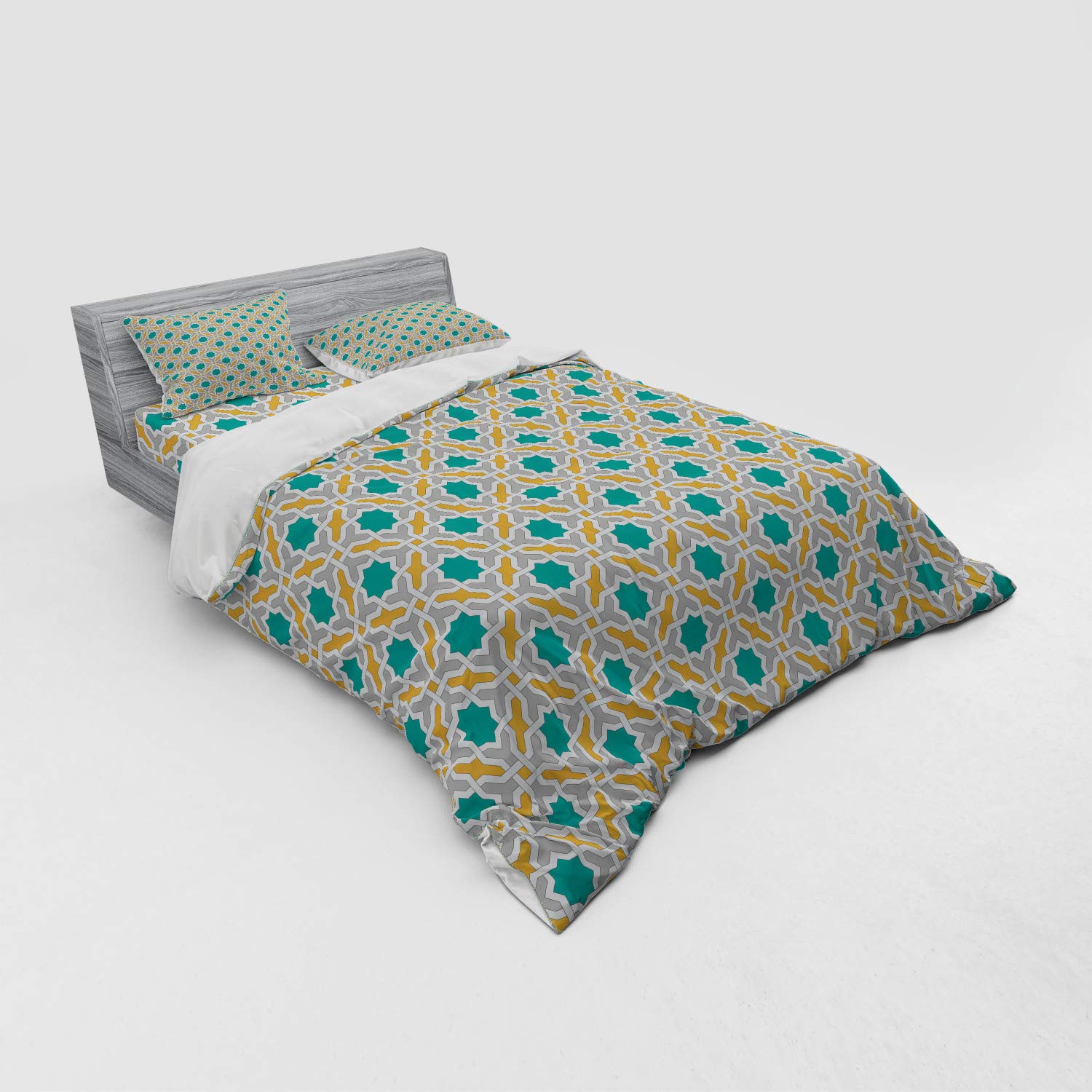 Ambesonne Teal Duvet Cover Set - Queen Size 4-Piece Bedding Set with Abstract Geometric Oriental Design, Shams & Fitted Sheet in Mustard Teal Grey | Modern Home Decor for Master Bedroom, Guest Room & Dorm