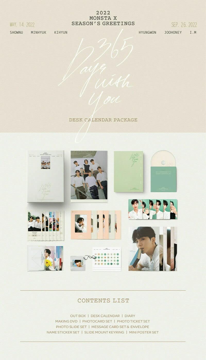 MONSTA X 2022 Season's Greetings Desk Calendar Set - Includes DVD, Diary, Photo Cards, Tickets, Slides & More - Perfect for K-Pop Fans Collectibles & Gift Giving