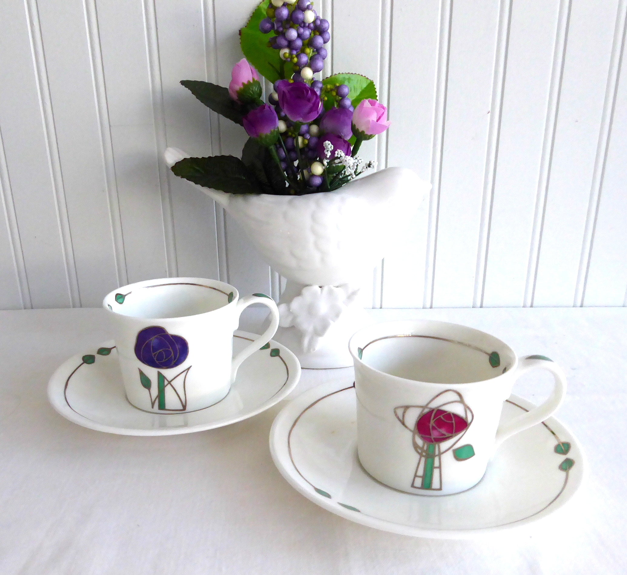 Dunoon 2-Piece Arts and Crafts Espresso Cups with Saucers - Premium Bone China Demi Helensburgh Collection - Perfect for Coffee Lovers and Home Decor