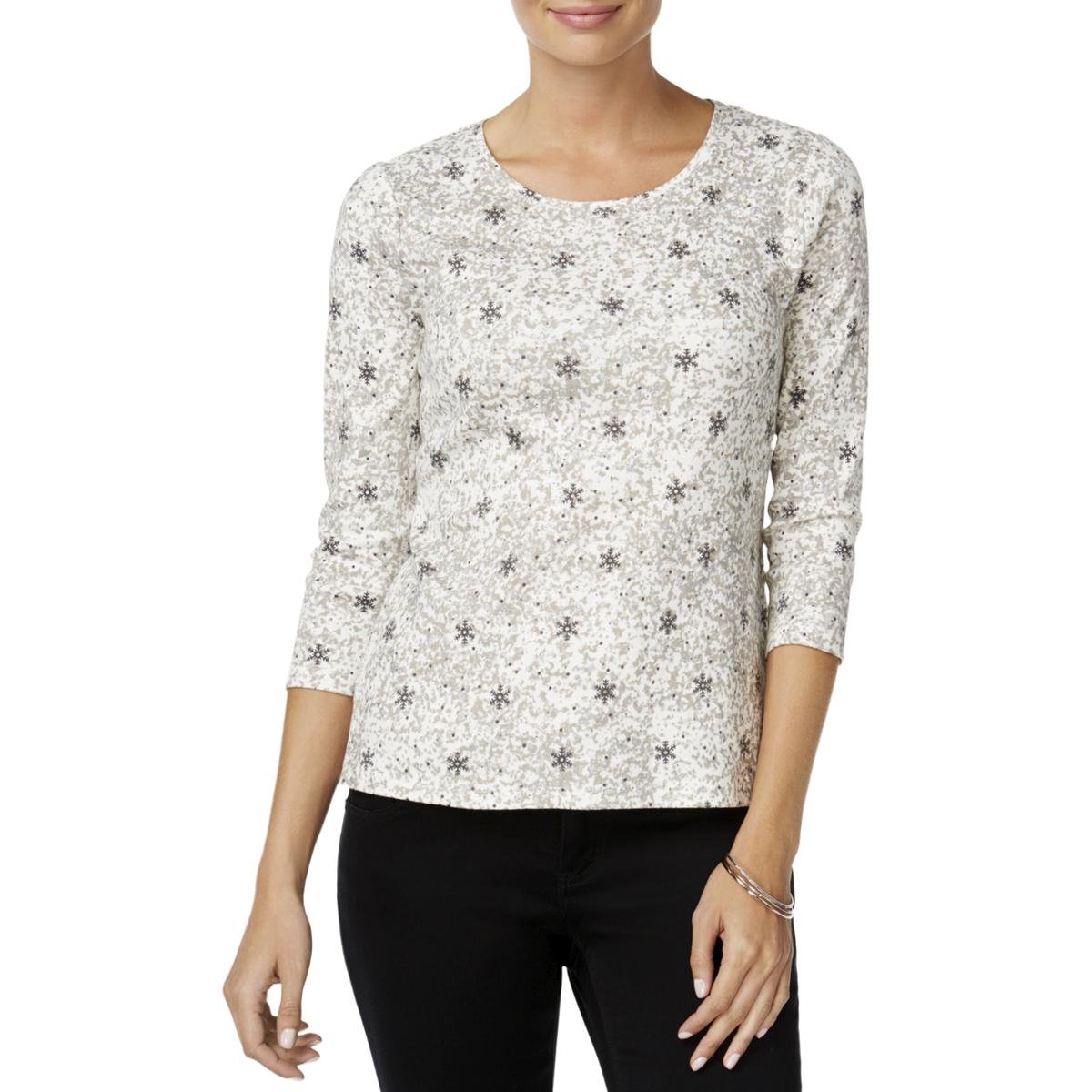 Charter Club Petite Printed Glitter-Accent Top Cloud Combo PXS - Stylish Women's Blouse for Casual Wear, Office Outfits & Night Out