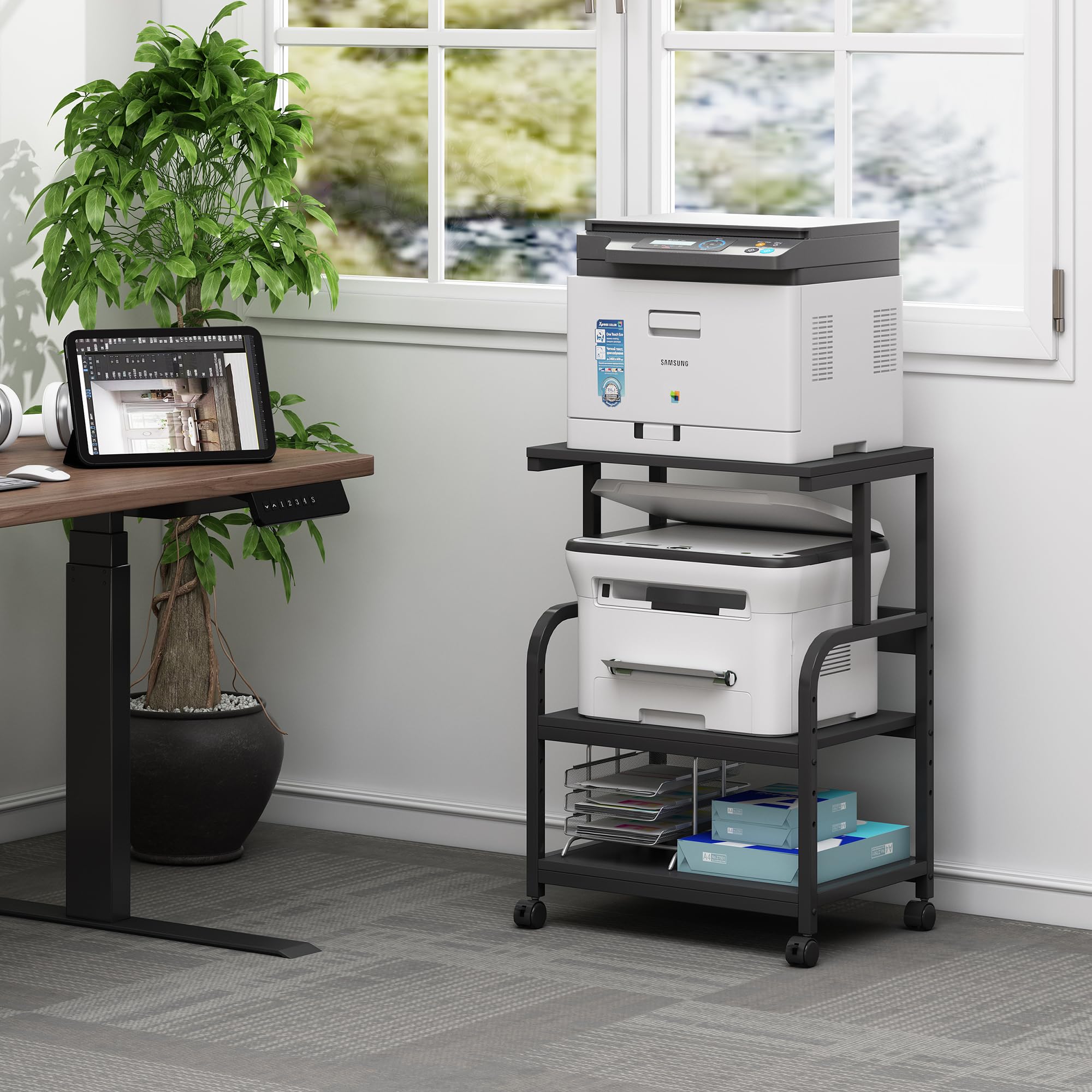 3-Tier Adjustable Height Printer Stand with Rolling Wheels - Black Office Printer Cart for Home & Workspace Organization - Perfect for Small Spaces & Multi-Device Setups