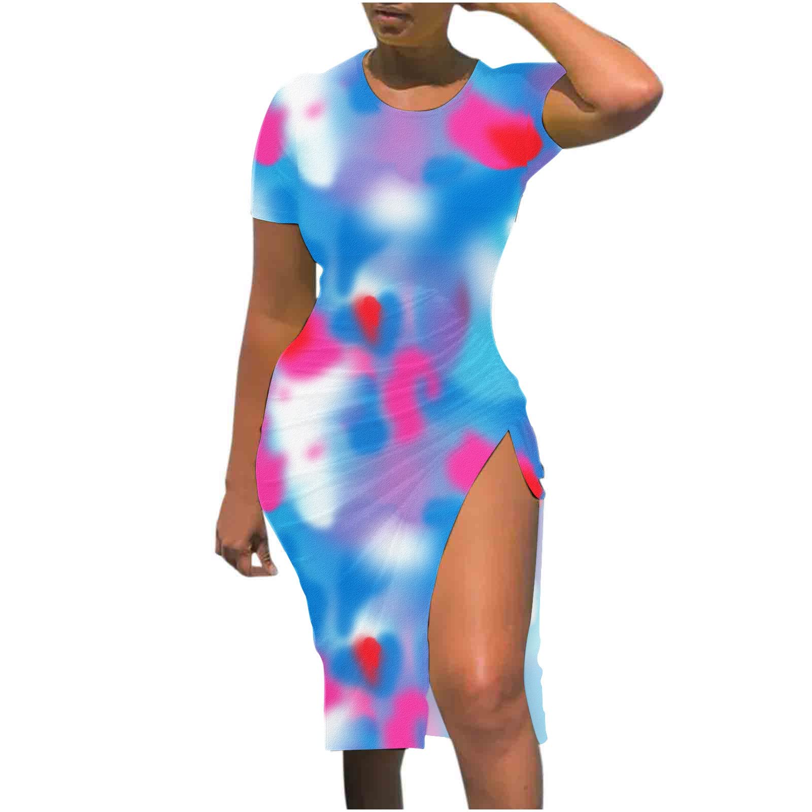 Women's Casual Summer Dresses - Floral Printed Round Neck Short Sleeve Beach Dress with Drawstring Waist & Side Slits | Perfect for Beach Vacations, Pool Parties & Summer Outings