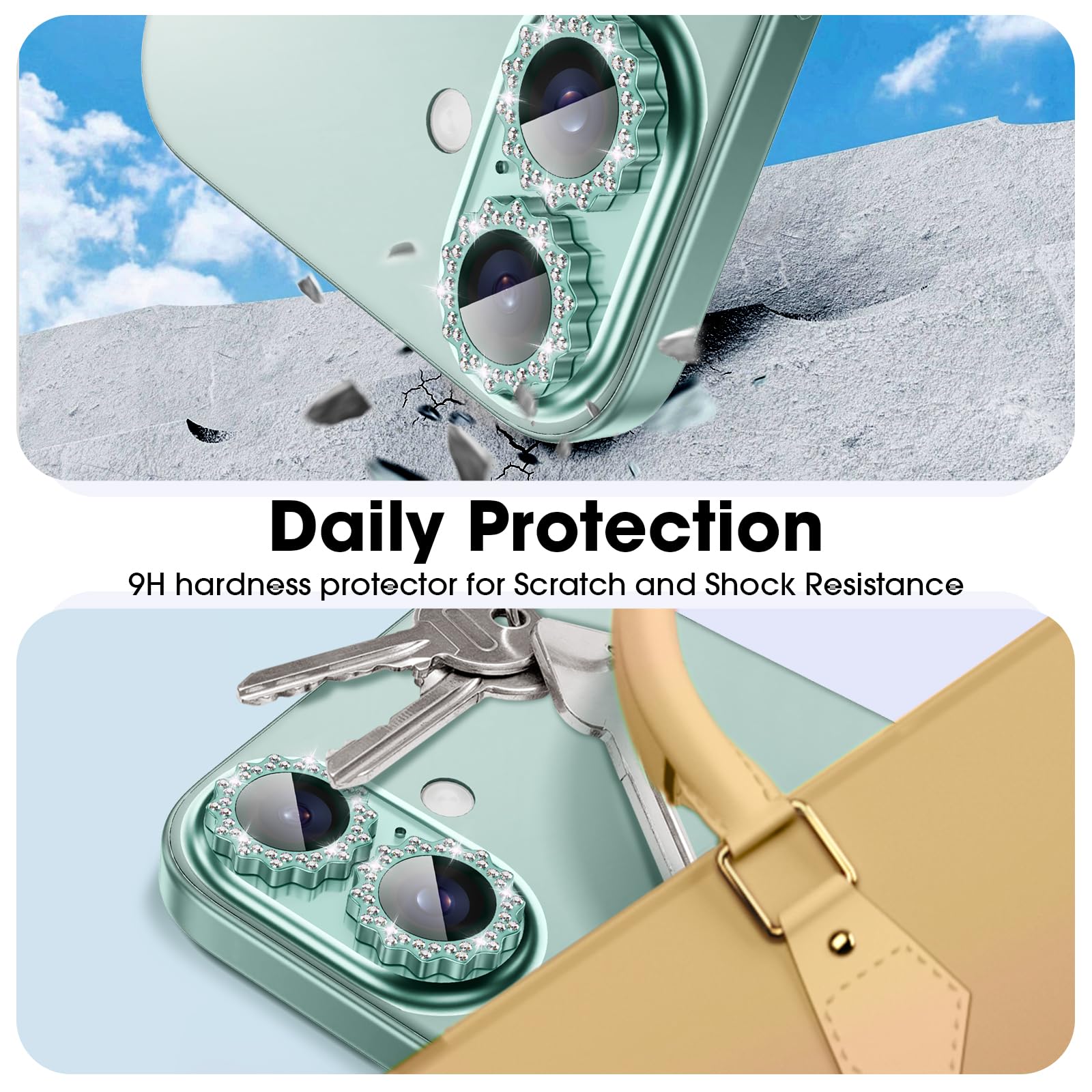 Xfilm iPhone 16/16 Plus Camera Lens Protector - Diamond Ring Sun Design, 9H Hardness Scratchproof Screen Guard, Stylish Phone Accessories (Green) | Perfect for Outdoor Photography, Travel & Everyday Protection