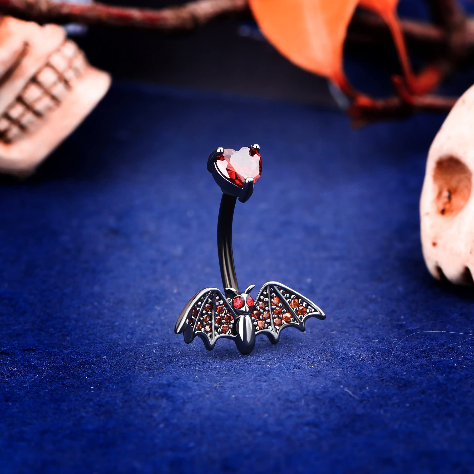 14G Halloween Belly Rings - 316L Surgical Steel with Red Gem & Bat Design for Navel Piercing | Perfect Costume Jewelry Gift for Women & Men