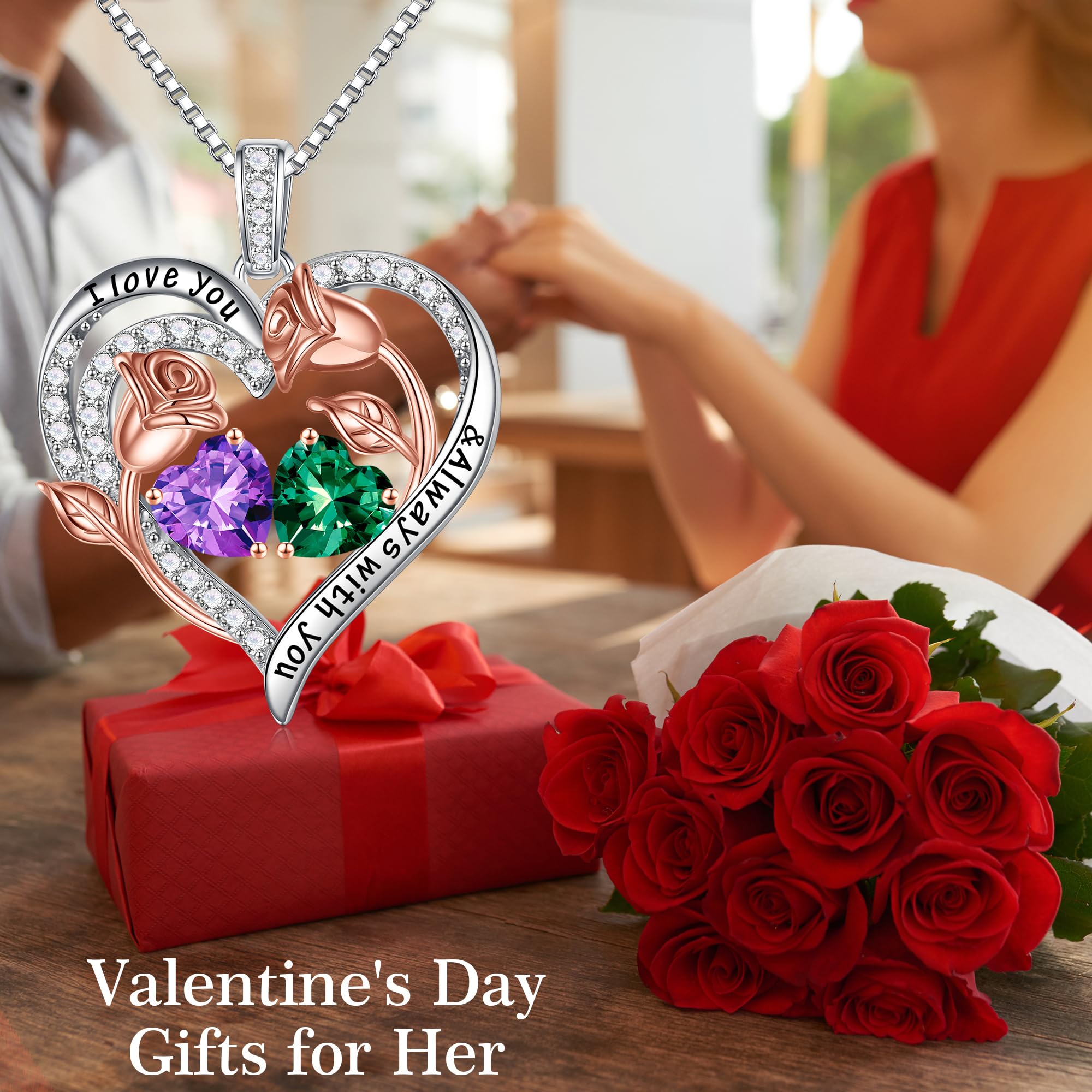 925 Sterling Silver Rose Heart Birthstone Necklace for Women - Personalized Birthday, Anniversary & Mother's Day Jewelry Gift for Wife, Mom, Daughter | Elegant Everyday Wear & Special Occasion Present