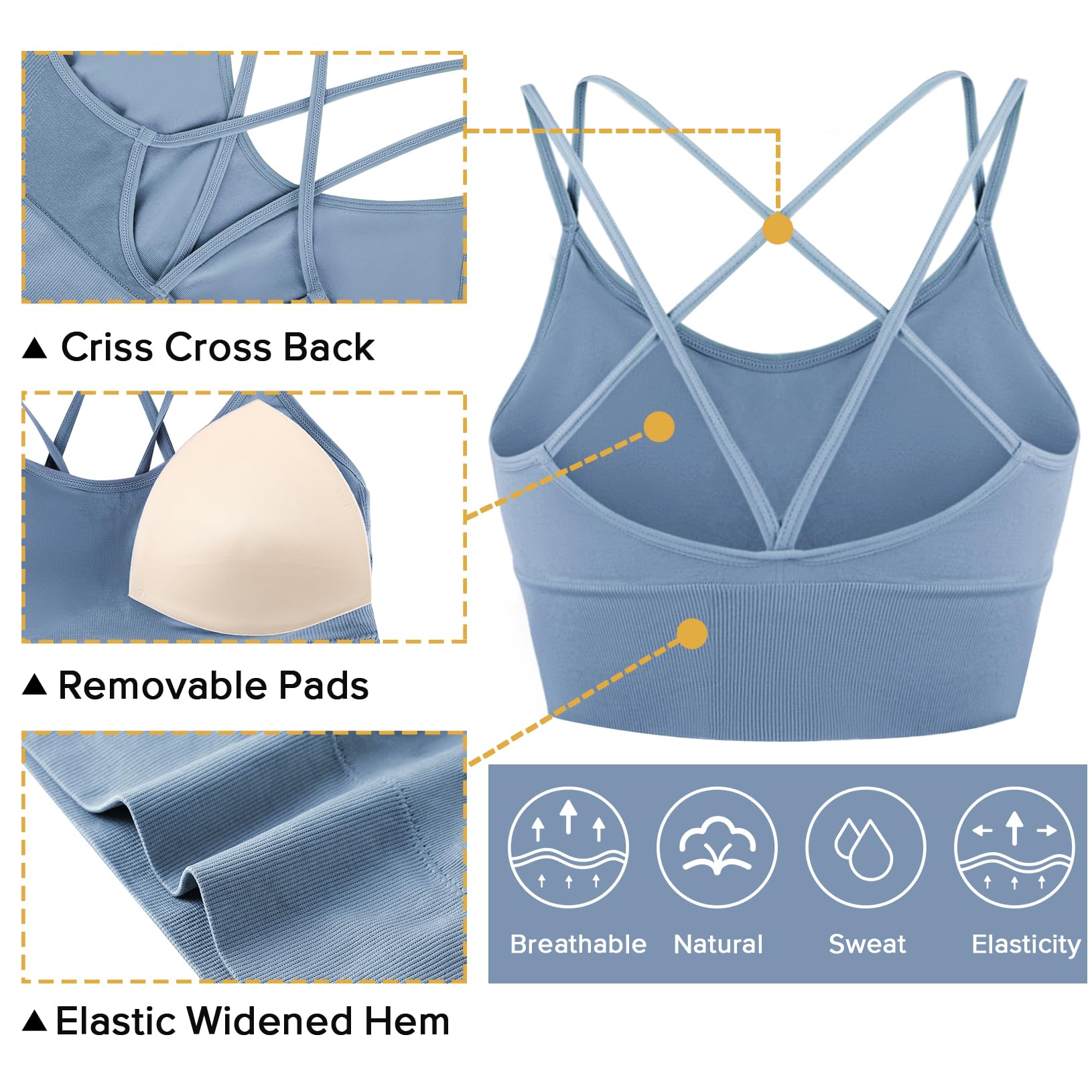 Sykooria 3 Pack Women's Strappy Sports Bra - Crisscross Yoga Sports Bra for Running, Gym Workout & Fitness - Breathable & Supportive Activewear for Yoga, HIIT, Pilates & Daily Wear