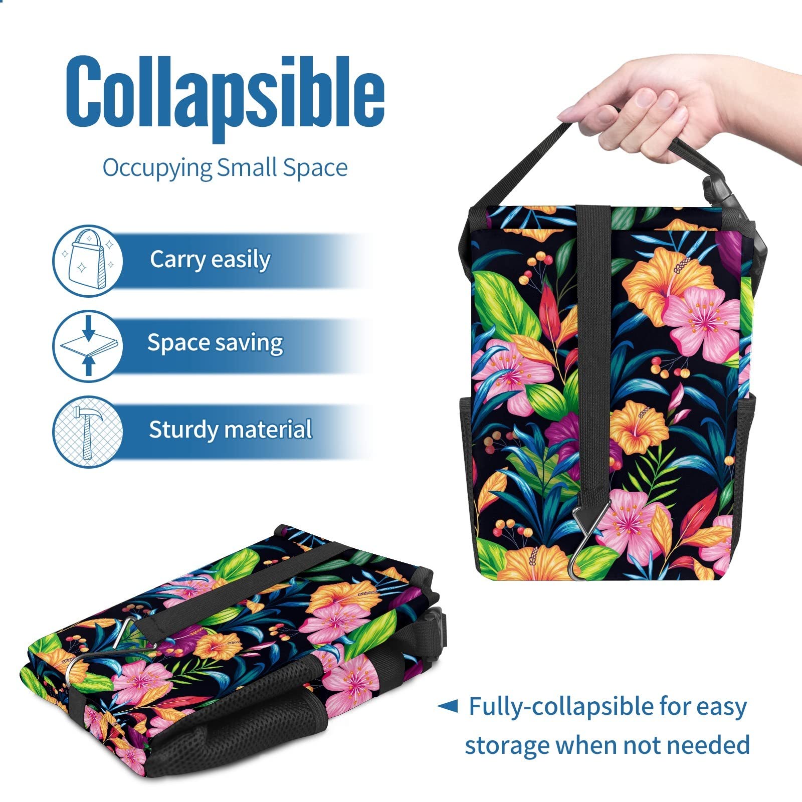 Waterproof Car Trash Can with Lid & Storage Pockets - No Installation Required, Spacious Interior Organizer for Cars, SUVs & Vehicles (Floral Design) - Perfect for Road Trips, Commuting & Keeping Your Car Clean