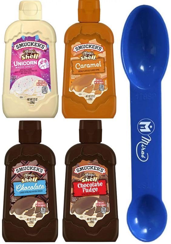 Smuckers' Magic Shell Variety Pack (4 Bottles) - Caramel, Chocolate, Chocolate Fudge & Unicorn Flavors (7.25 Oz Each) with Miras 2-in-1 Measuring Spoon | Ice Cream Toppings, Dessert Drizzle, Sundae & Milkshake Enhancer