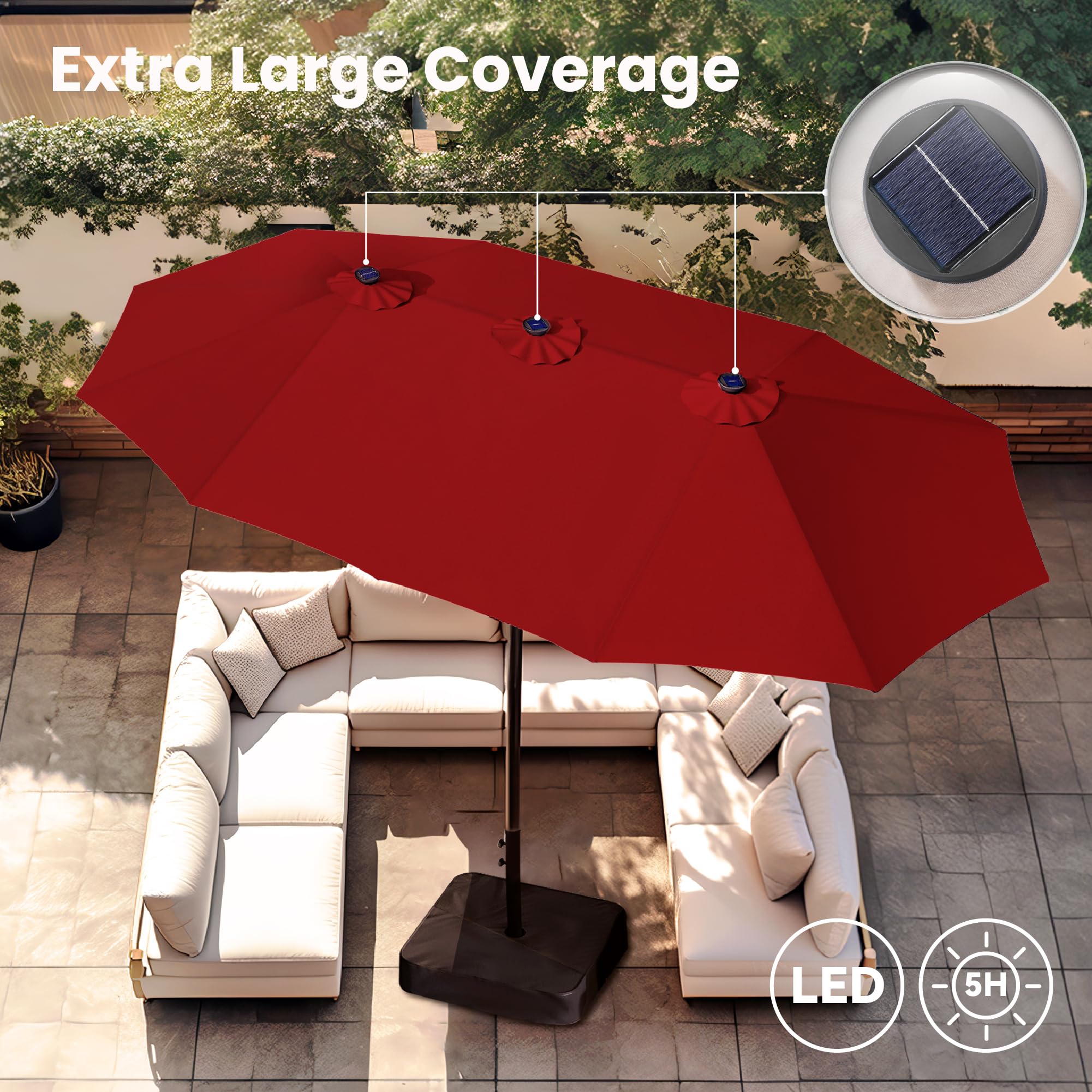PHI VILLA 15ft Large Outdoor Patio Umbrella with 36 LED Solar Lights - Double-Sided Rectangle Market Umbrella for Garden, Poolside & Backyard - Includes Heavy Duty Base Stand - Dark Red - Perfect for Outdoor Dining, Lounging & Shade Protection