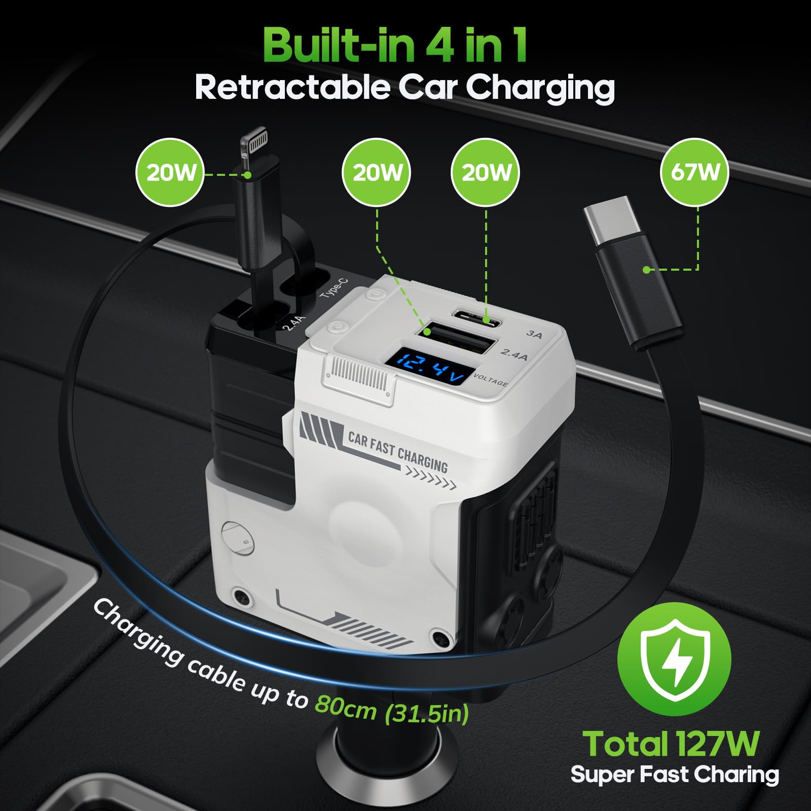 4-in-1 Retractable Car Charger with 127W Fast Charging | Dual USB-C & Type-C Ports | 31.5IN Retractable Cable & 180° Swivel Plug | Compatible with iPhone 16/15/14/13/12/Pro, Android, Samsung, Google & Tablets | Perfect for Road Trips, Commuting & Emergency Charging