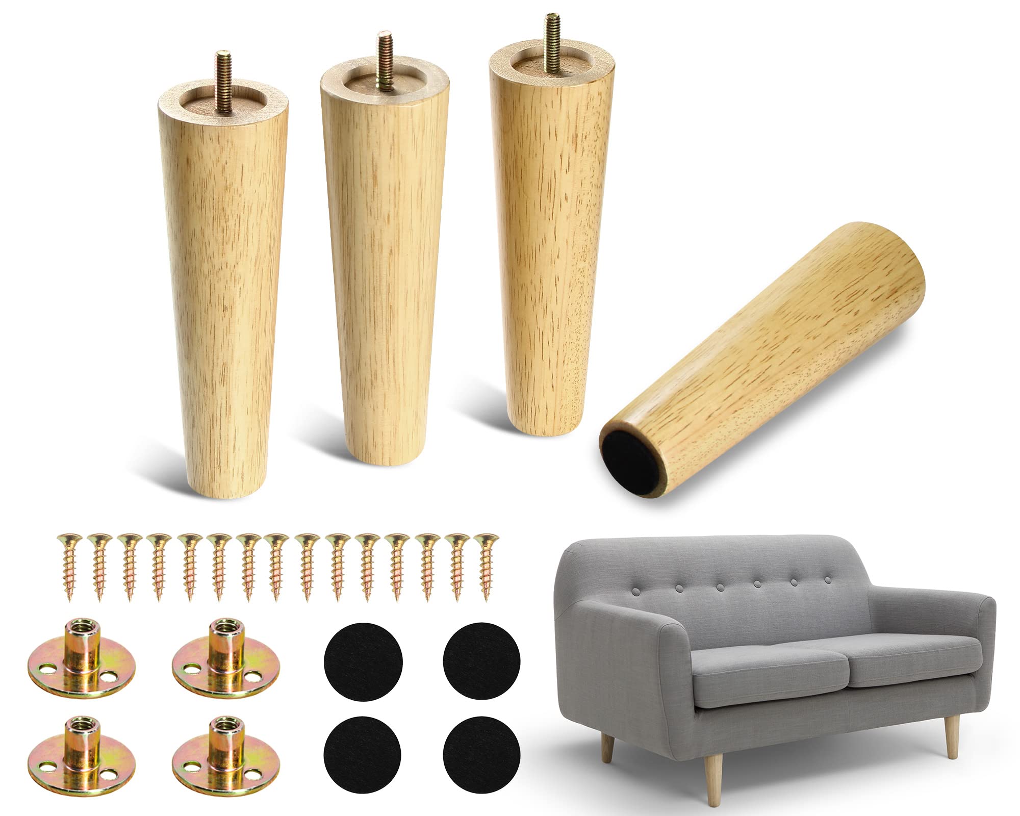 8 Inch Wooden Furniture Legs - Mid Century Style Replacement Feet for Sofa, Armchair, Coffee Table, Cabinet & More - Perfect for Living Room, Bedroom & Office Furniture Upgrade