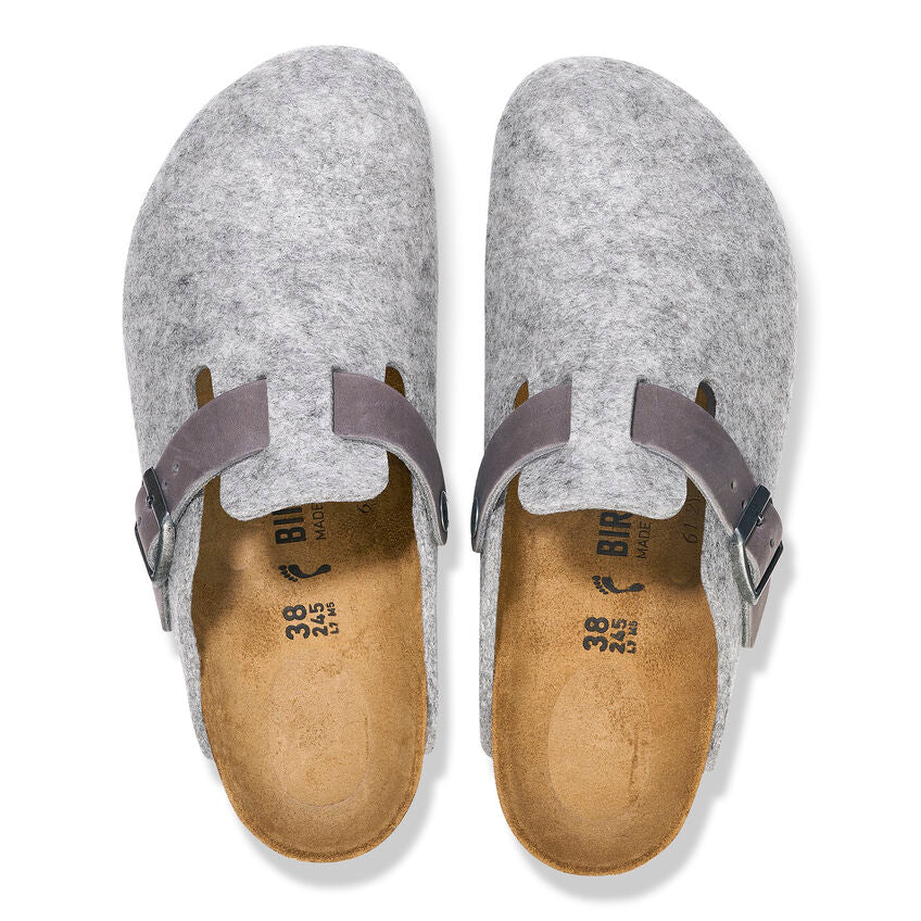 Birkenstock Boston Clogs for Women & Men - Light Grey Natural Leather & Felt Comfortable Slip-On Shoes | Perfect for Home, Office & Casual Wear
