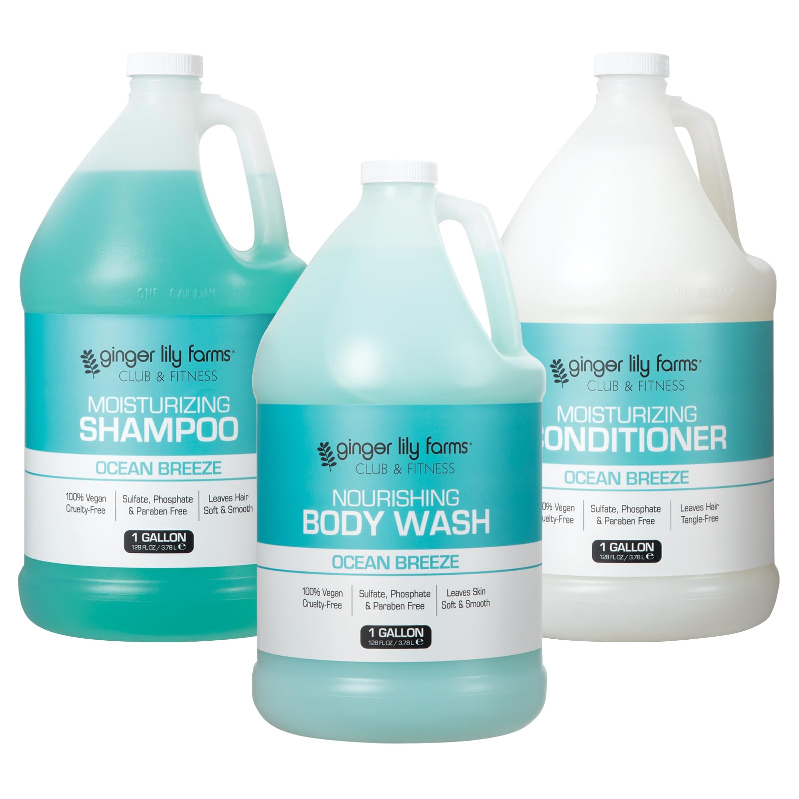 Ginger Lily Farms Club & Fitness 3-in-1 Body Wash Shampoo & Conditioner Set - Ocean Breeze Scent - 1 Gallon Each - Perfect for Gym, Spa & Home Use