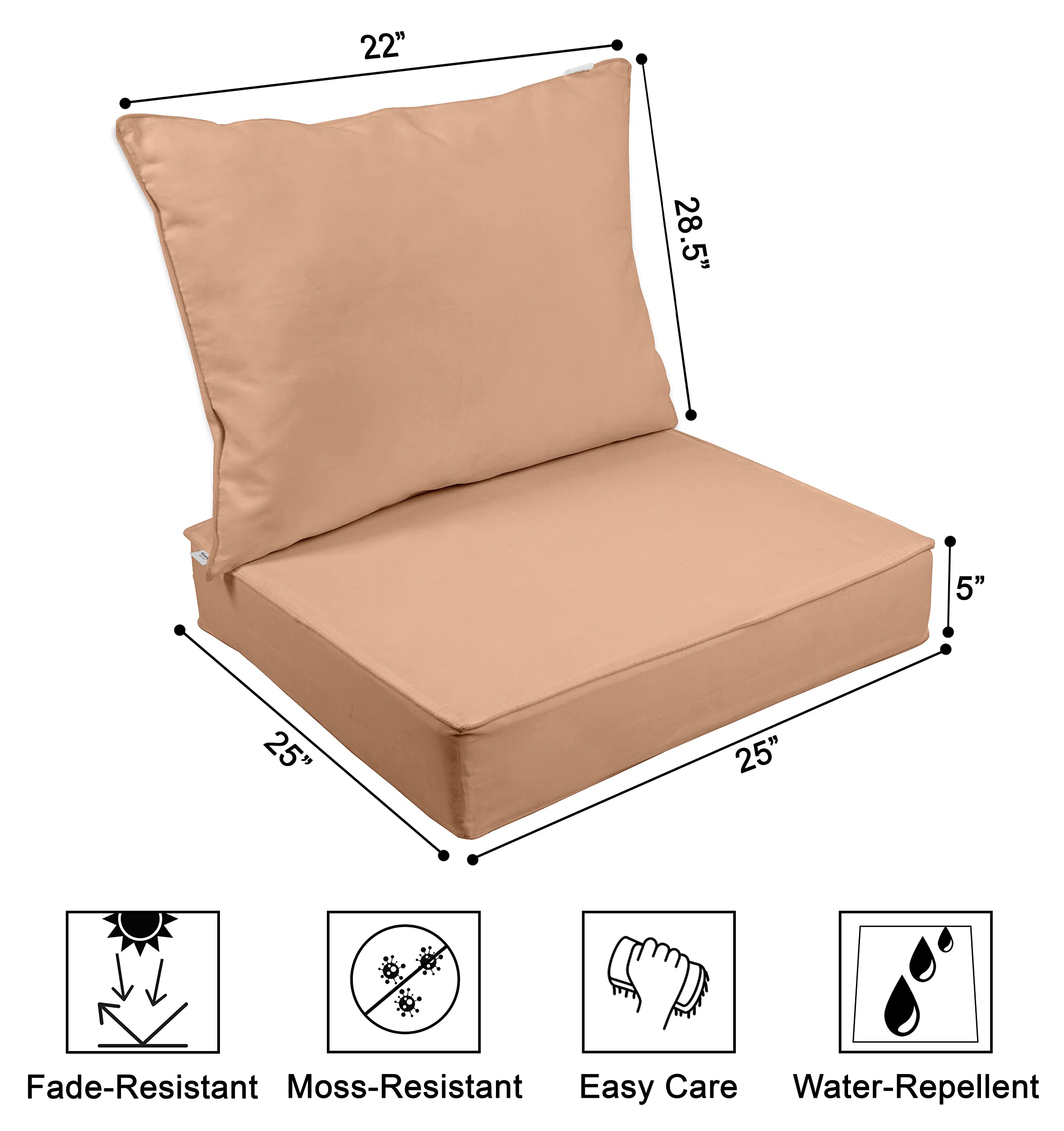 Outdoor Deep Seat Patio Cushions Set - 2-Piece All-Weather Replacement Cushions (25x25x5 Inches) - Light Peach - Perfect for Garden, Deck, and Poolside Lounge Chairs