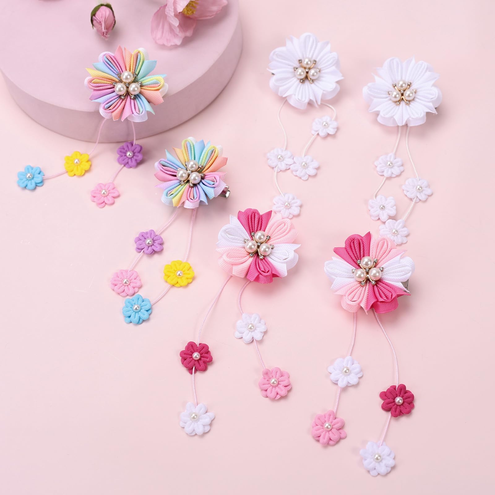 OAOLEER 6PCS Girls Hair Bows with Alligator Clips - Flower Hair Accessories for Kids & Teens - Grosgrain Ribbon Bows for School, Parties, Weddings & Special Occasions (Flower Bows-A)