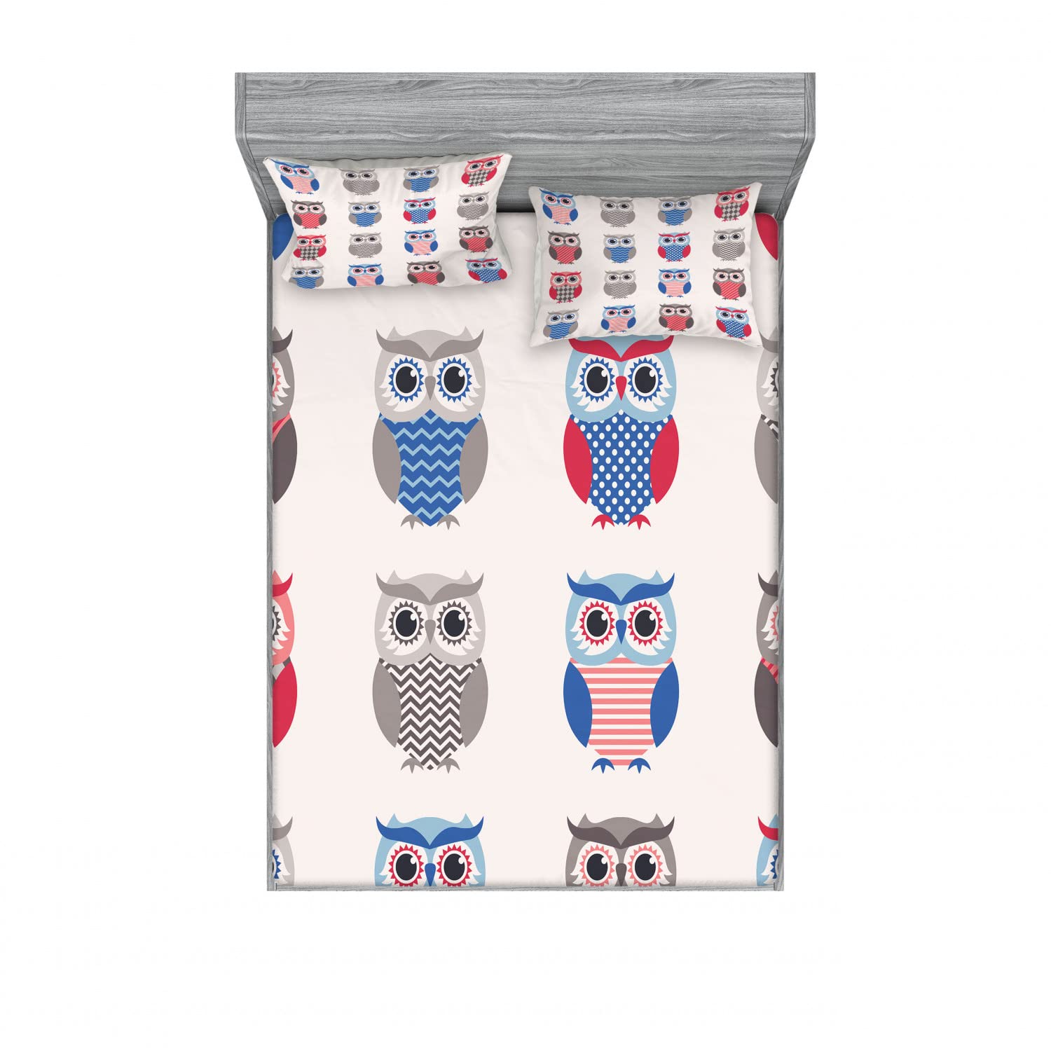 Lunarable 2-Pack Full Size Fitted Sheet & Pillow Sham Set - Owl Polka Dot Pattern (Red, Grey, Blue) | 4-Piece Bedding Decor Includes 2 Fitted Sheets & 4 Pillow Covers | Perfect for Kids Rooms, Nursery Decor & Themed Bedrooms