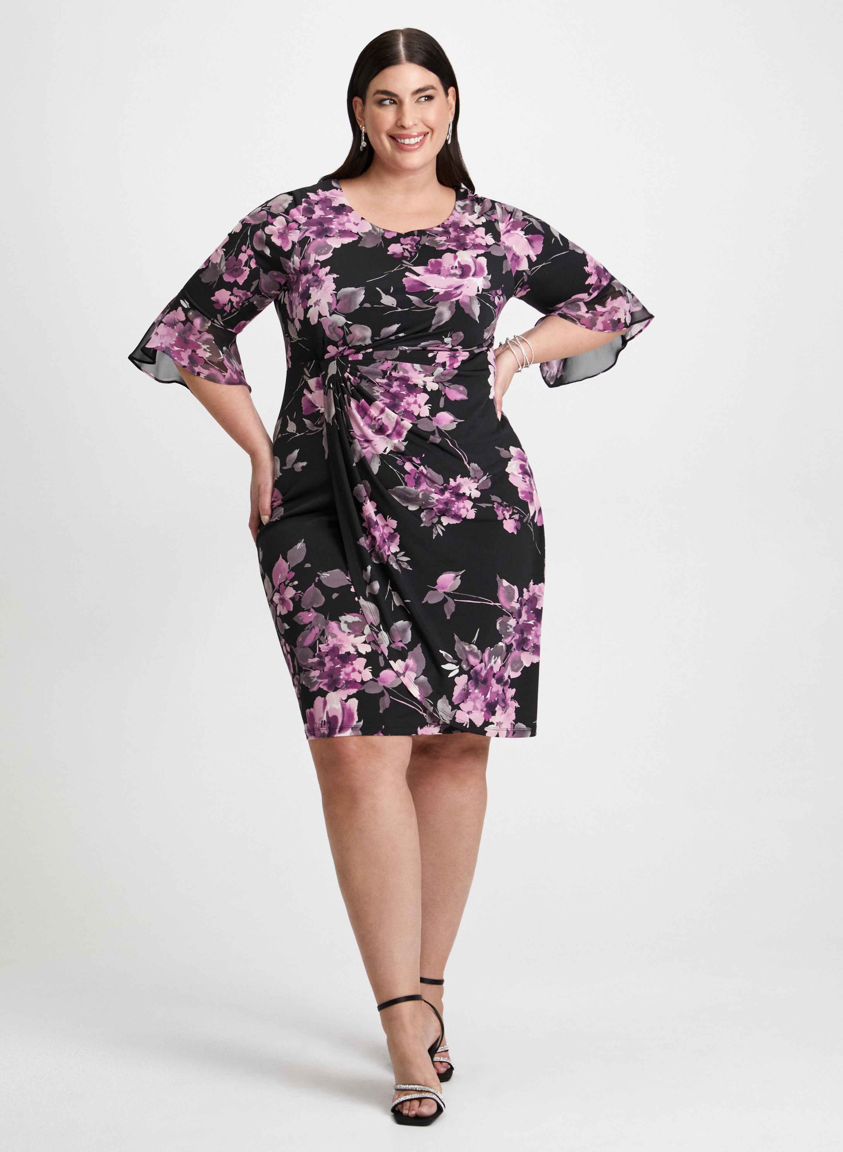 Elegant Floral Sheath Dress with Crystal Drop Earrings Set - Perfect for Weddings, Parties & Special Occasions