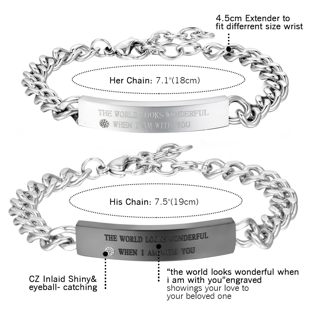 Cupimatch 2PCS Couple Bracelets Set - Stainless Steel Matching Love Heart Puzzle Link Bangle for Him & Her - Romantic Gift for Anniversary, Valentine's Day & Couples Date Night