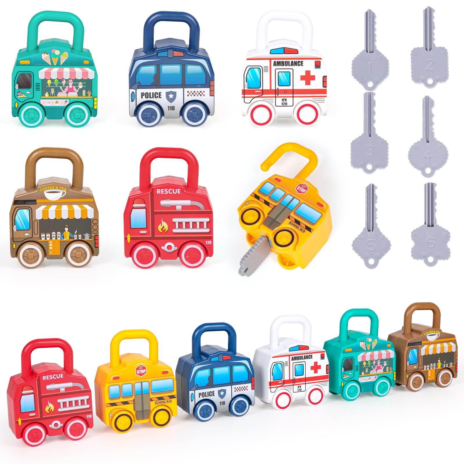 **Montessori Toys for 1-3 Year Old Boys & Girls - 6-Piece Lock & Key Car Set, Educational Learning Toys for Toddlers | Perfect for Early Childhood Development & Interactive Play**