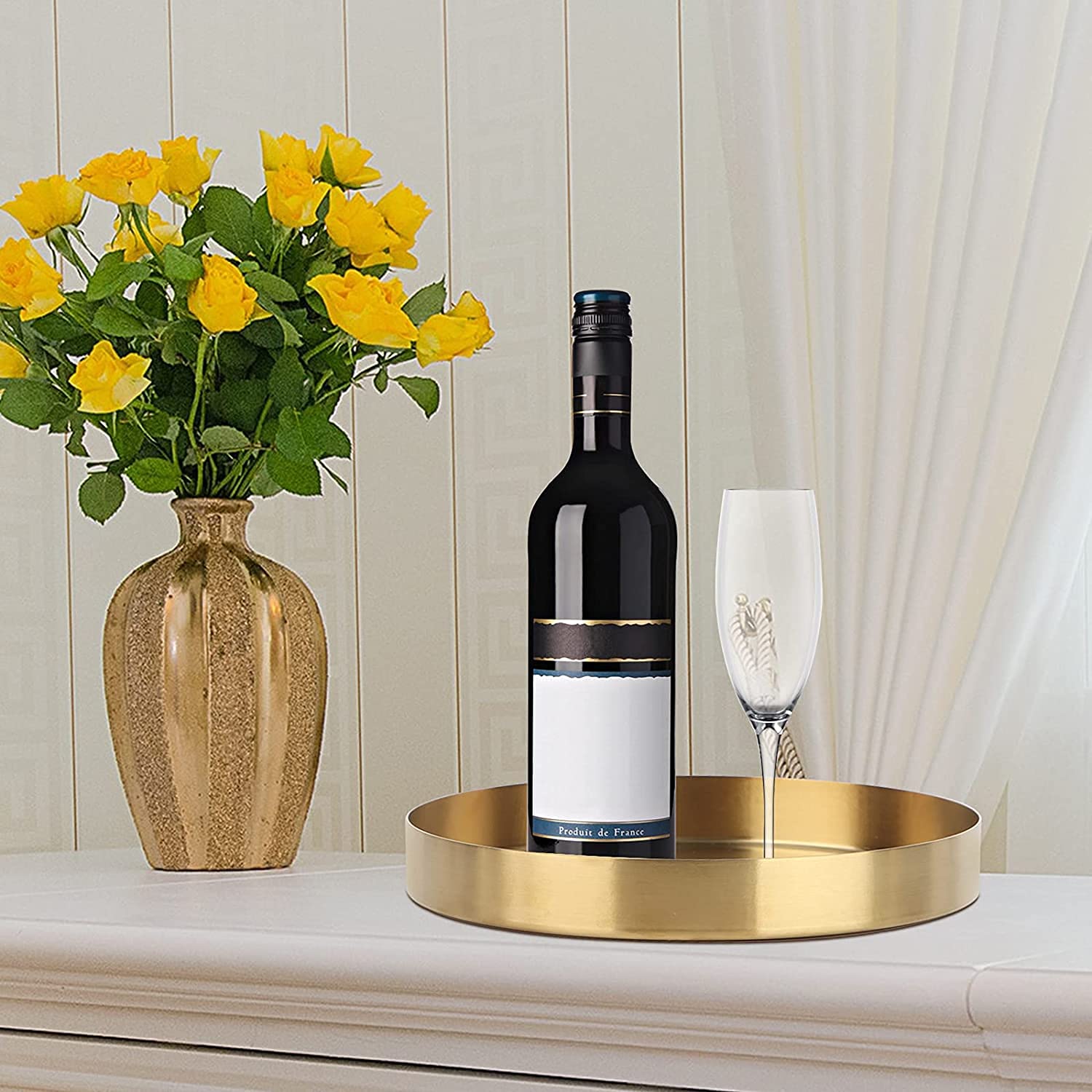 Round Gold Tray - 7.8 Inch Stainless Steel Decorative Tray for Jewelry, Cosmetics & Coffee | Vanity Organizer, Bathroom Plate & Kitchen Tableware | Perfect for Home Decor, Gift Giving & Party Serving