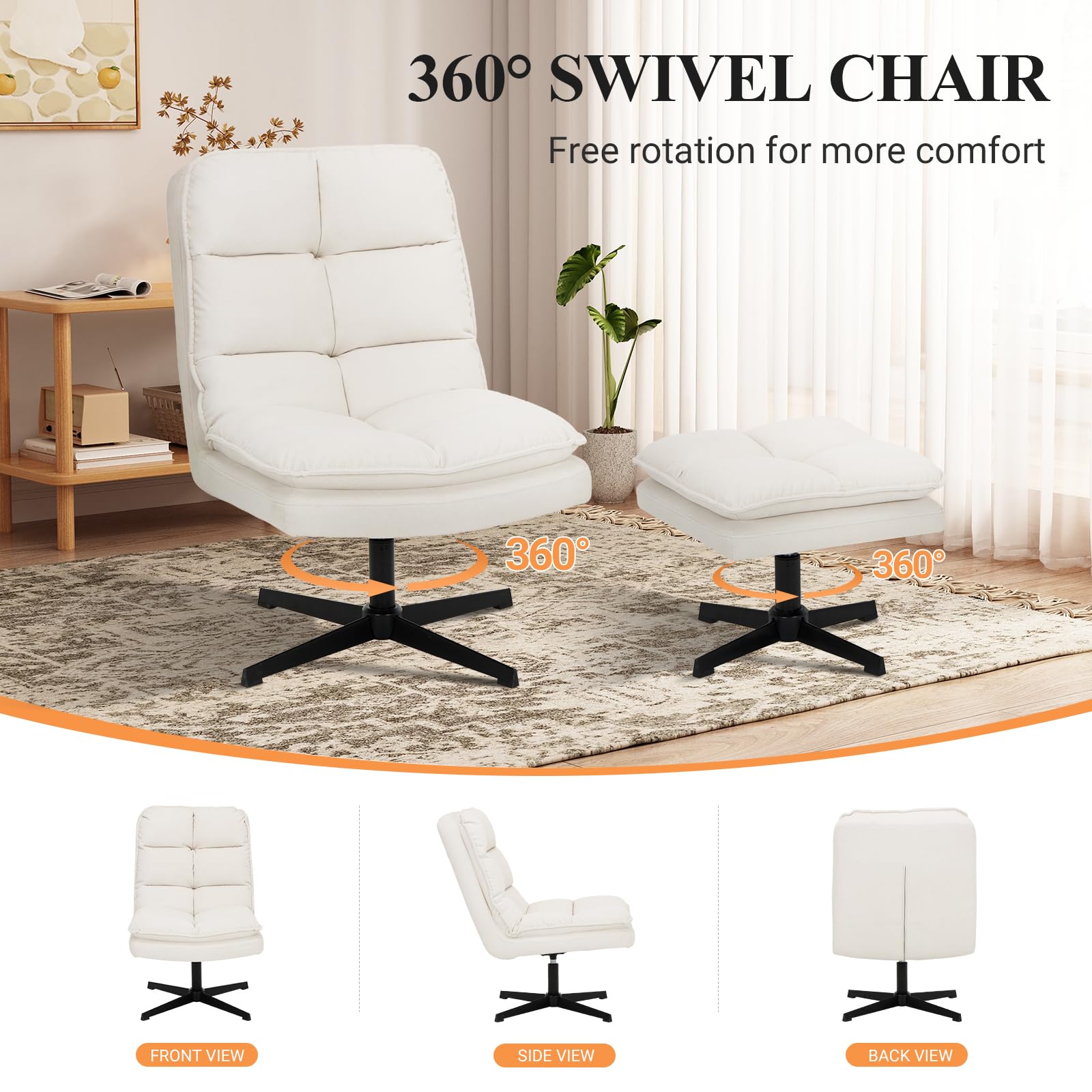 Modern Swivel Accent Chair with Ottoman Set - Velvet Fabric Lounge Chair with Criss Cross Legs & Footrest - Comfortable Reading Chair for Living Room, Home Office & Leisure - Beige - Perfect for Relaxing, Working & Small Space Decor