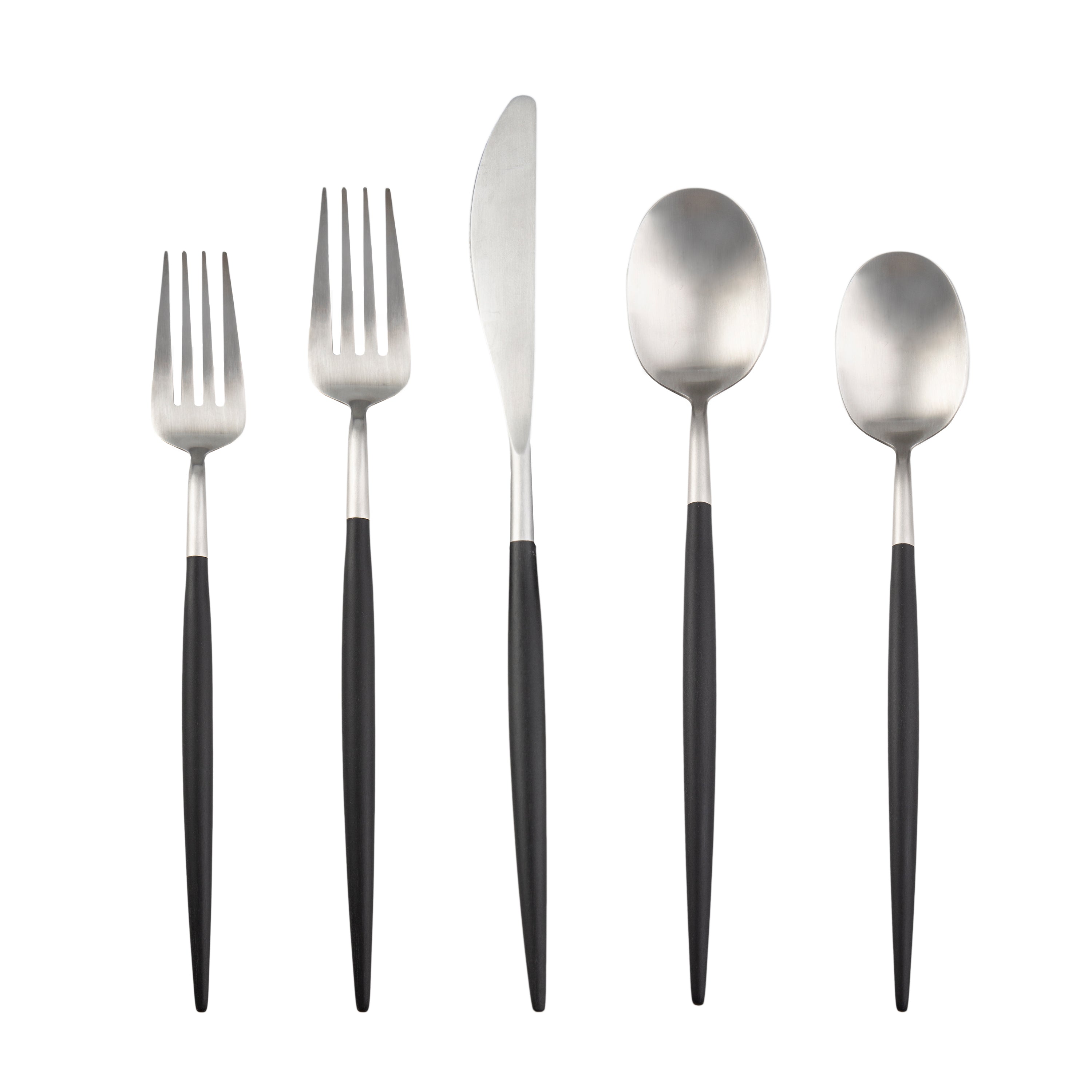 Evora Satin POM Black 20-Piece Flatware Set - Elegant Stainless Steel Cutlery for Fine Dining, Wedding Registry & Formal Dinner Parties