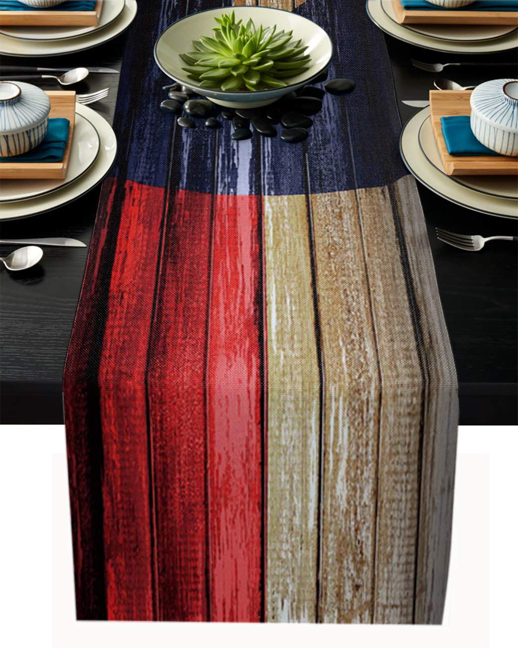 Vintage Texas Flag Table Runner - 16x72 Inch Linen Burlap Tablecloth for Dining Table, Dresser, Kitchen Decor - Rustic Wooden Texture for Holiday Parties, Thanksgiving & Christmas Dinner Decorations