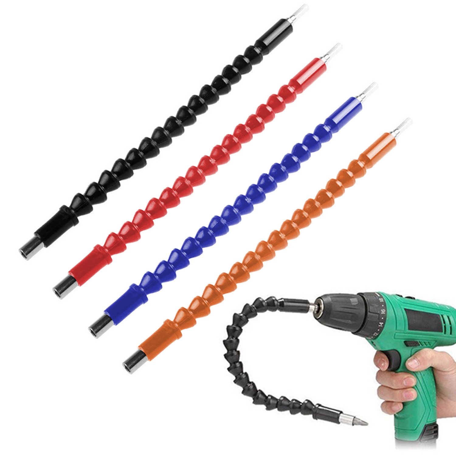 4 Pcs Flexible Drill Bit Extension Set - 11.6 Inch Screwdriver Soft Shafts for Tight Spaces, Universal Drill Connection in Black, Red, Blue & Orange - Perfect for DIY Projects, Home Repairs & Electrical Work