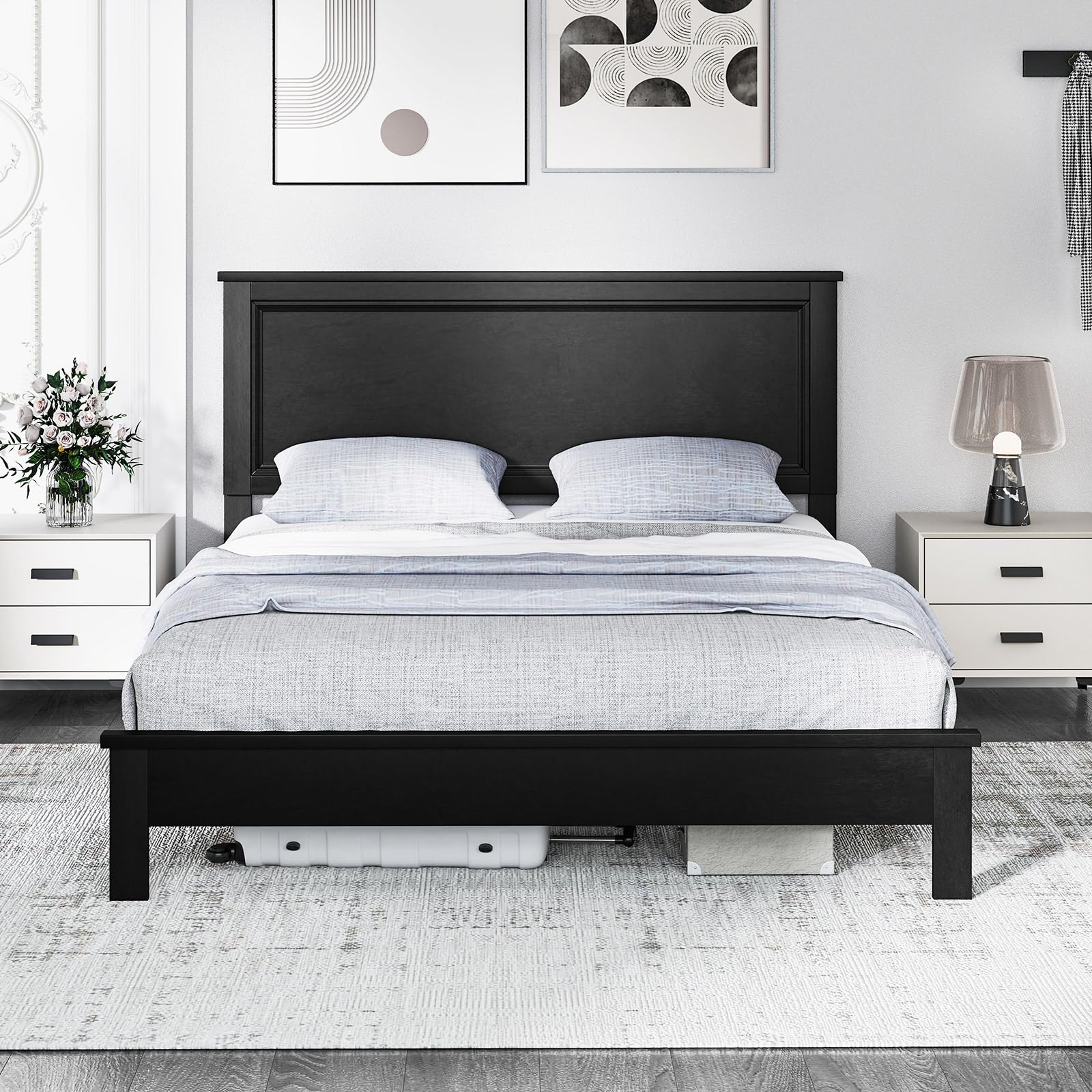 Giantex Queen Size Wooden Platform Bed Frame with Headboard - Mid Century Modern Solid Wood Legs & Wooden Slat Support - Easy Assembly 500 lbs Weight Capacity - Black Bed Frame for Bedroom, Guest Room, Dorm