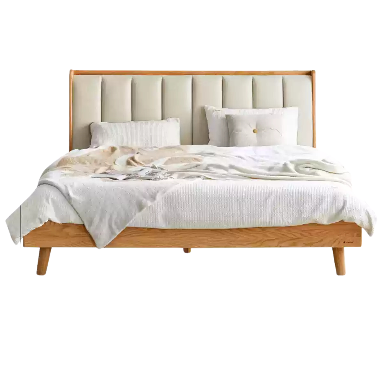 Natural Wood Color Oak high bunk (genuine leather coconut milk white) soft back bed