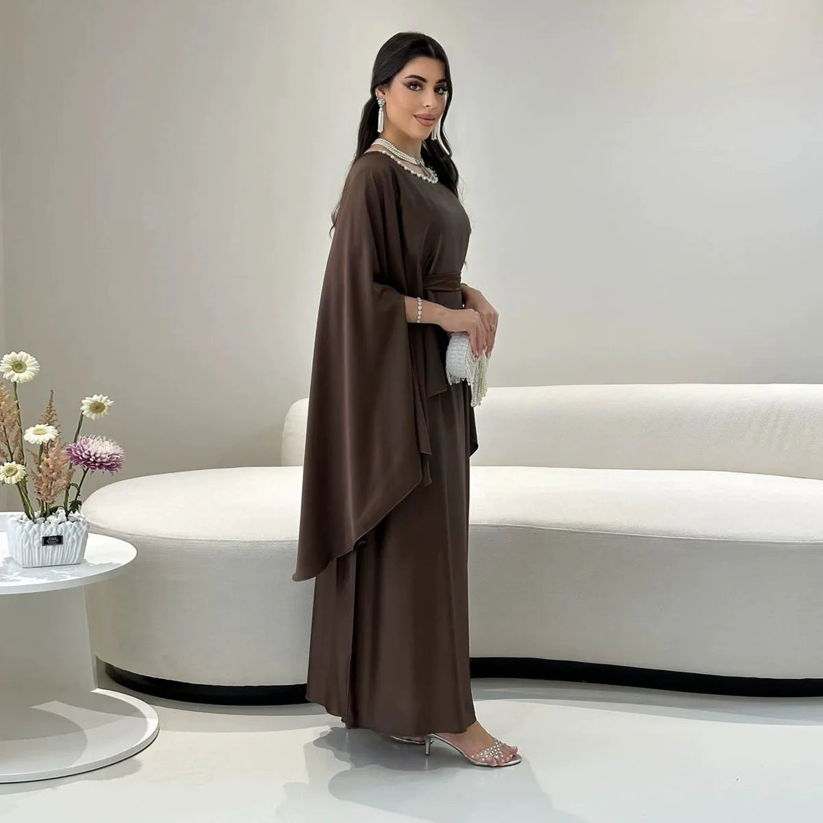Urgarment Elegant Satin Abaya Dress with Bradde Chain - Style #25184 | Perfect for Eid, Weddings & Special Occasions