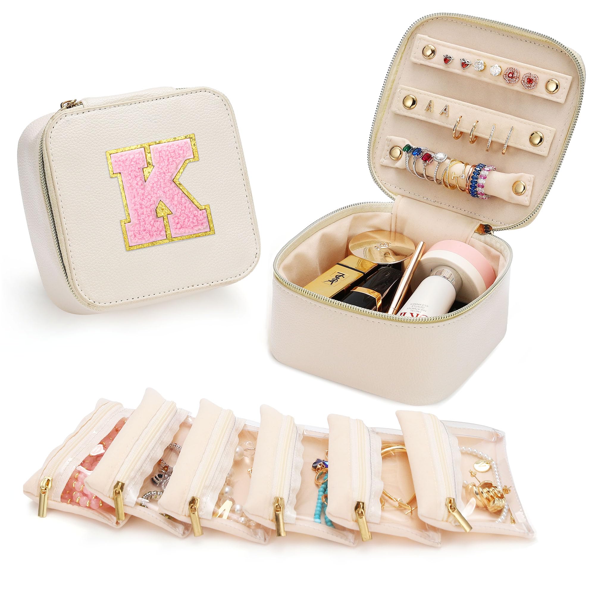 Parima Jewelry Organizers and Storage Box - Travel Jewelry Organizer Makeup Bag | Jewelry Gift Box Skincare Bag | Perfect Travel & Birthday Gifts for Women, Friends & Sisters | Letter K, White | Great for Travel, Home Storage & Gift Giving